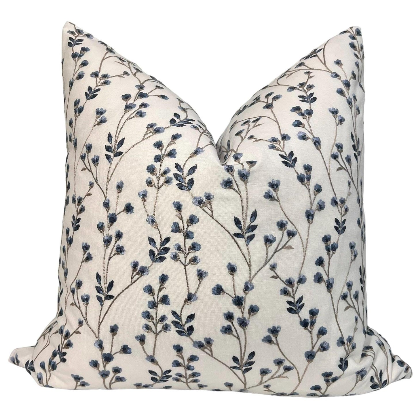 Floral Embroidered Decorative Pillow Cover, Blue Floral Throw Pillow Cover, Botanical Pillow Cover, Twig Design Pillow, Floral Cushion Cover