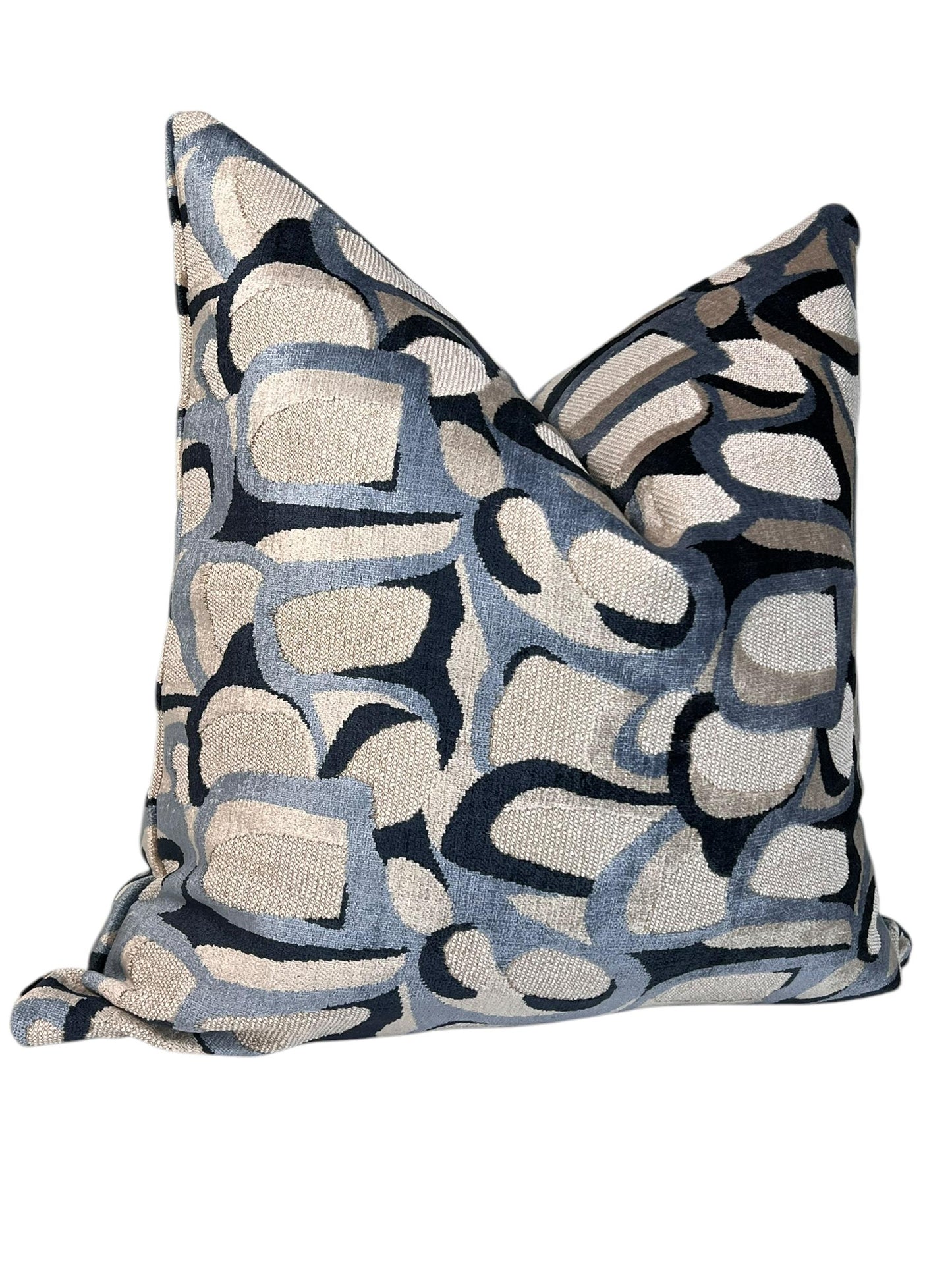 Abbey Cut Velvet Cushion, Geometric Velvet Cushion, Abstract Pattern Pillow Cover, Contemporary Throw Pillow, Navy and beige Pillow