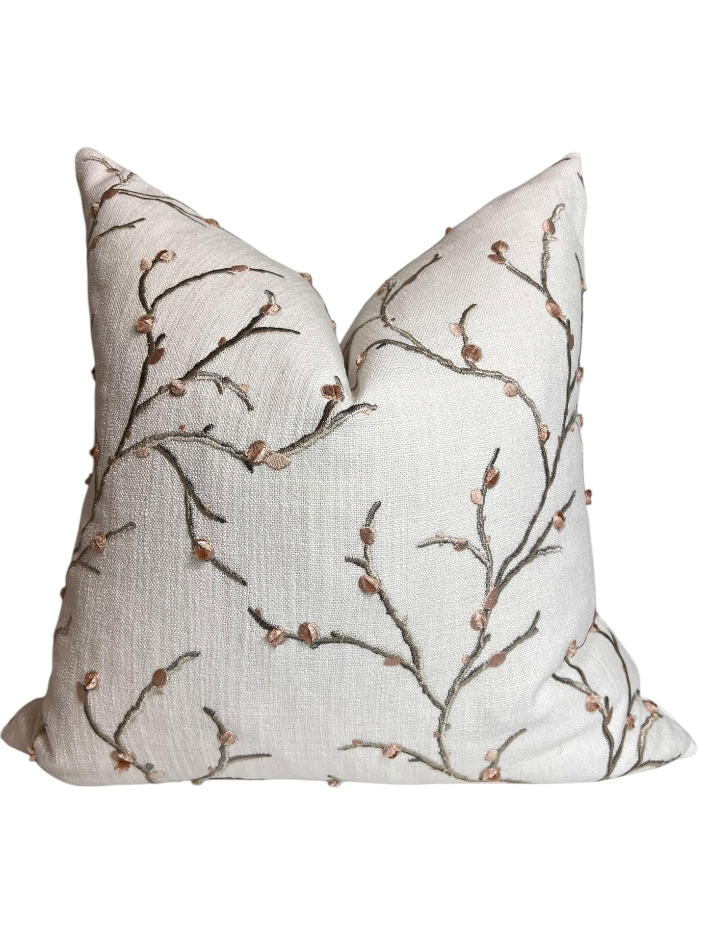 Embroidered Floral Branch Pillow Cover | Blush Cherry Blossom Cushion | Neutral Spring Decorative Pillow | Nature-Inspired Cushion