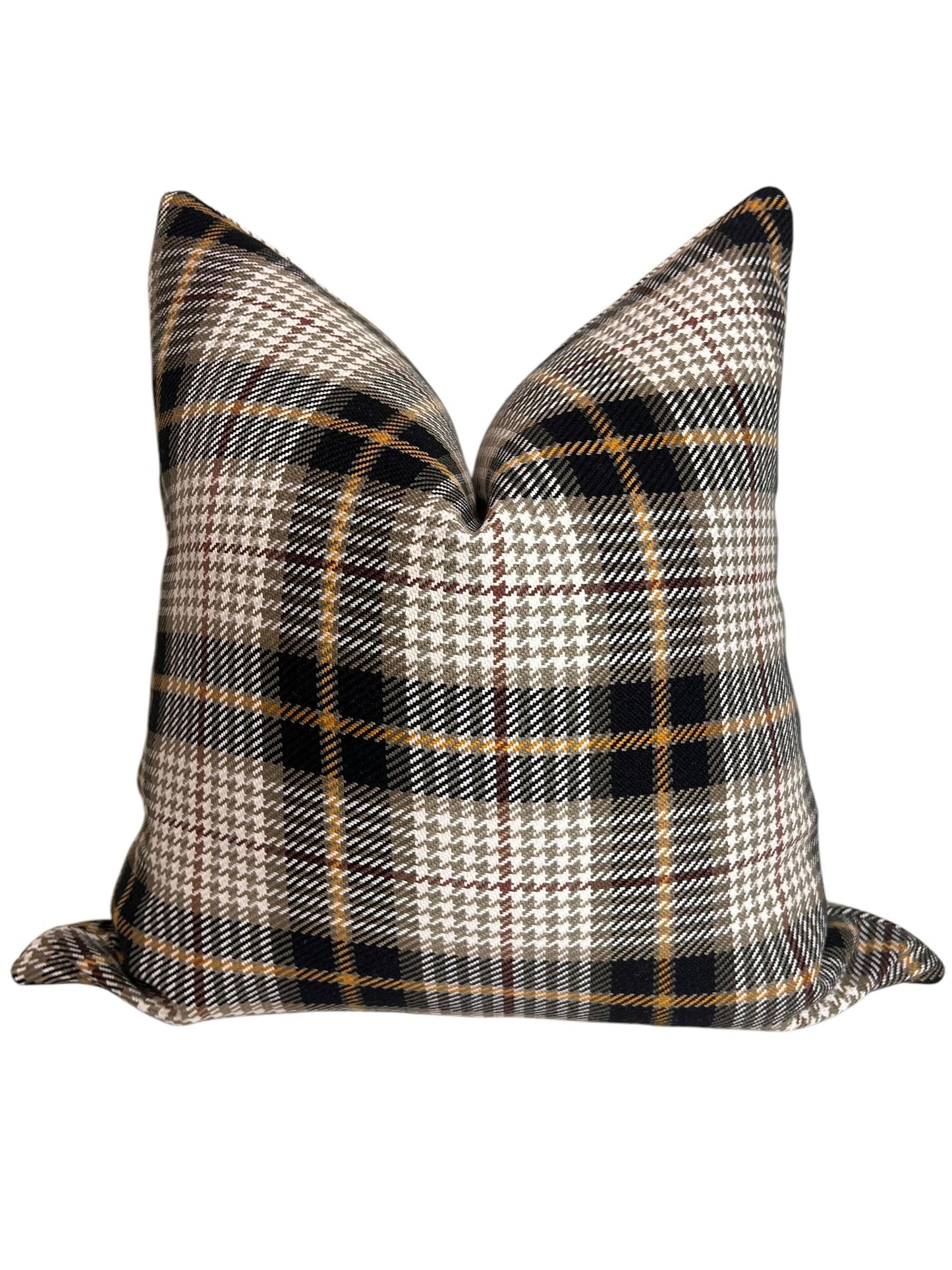 Plaid Wool Pillow Cover | Tartan Check Throw Pillow | Rustic Farmhouse Cushion | Brown-Black Plaid Pillow | Houndstooth Cushion | Fall Decor