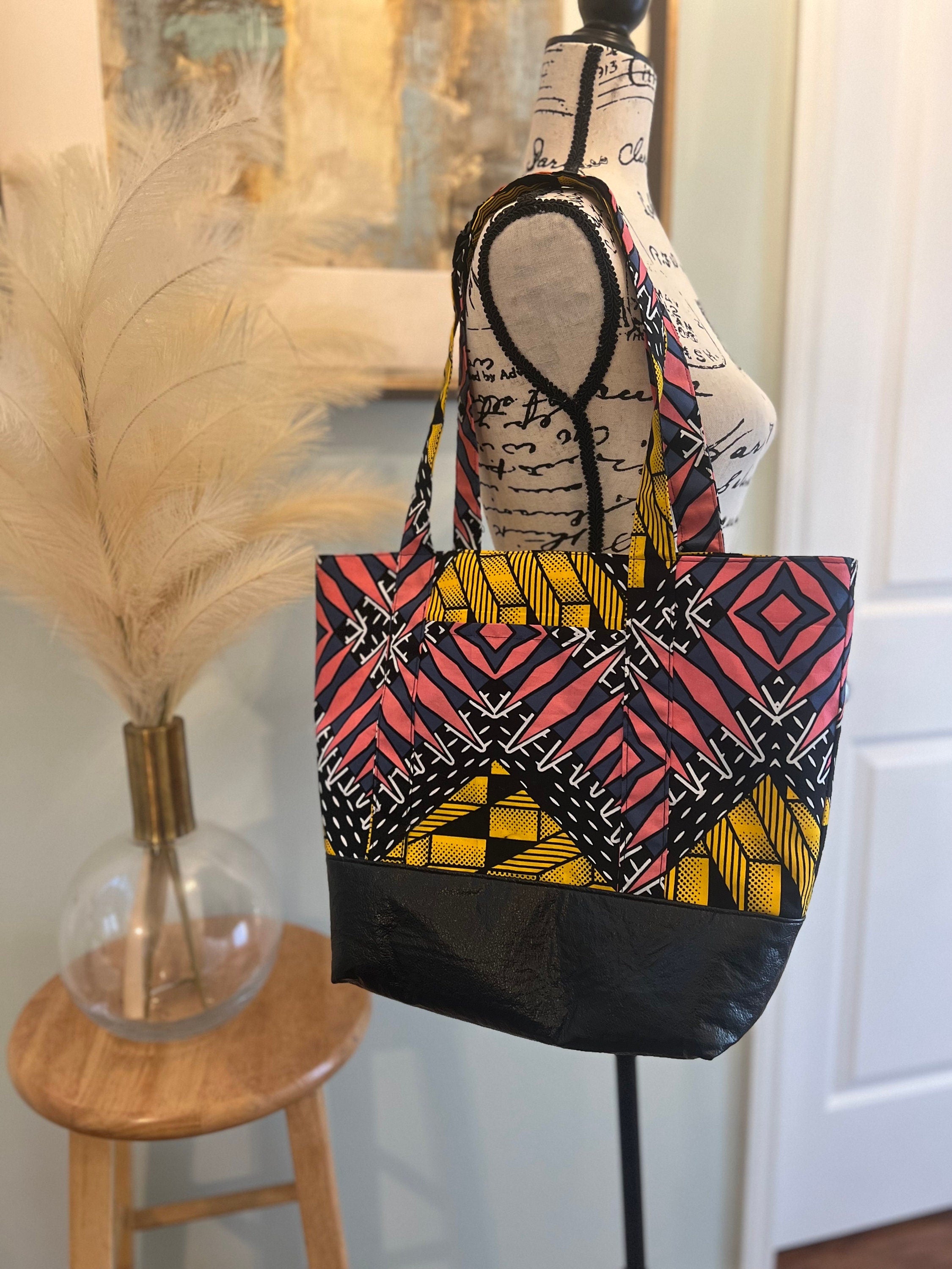 African Print Tote bag for women, Vibrant Ankara Fabric Tote, Large Boho Shoulder Bag with Leather Bottom, African Print Market Bag,