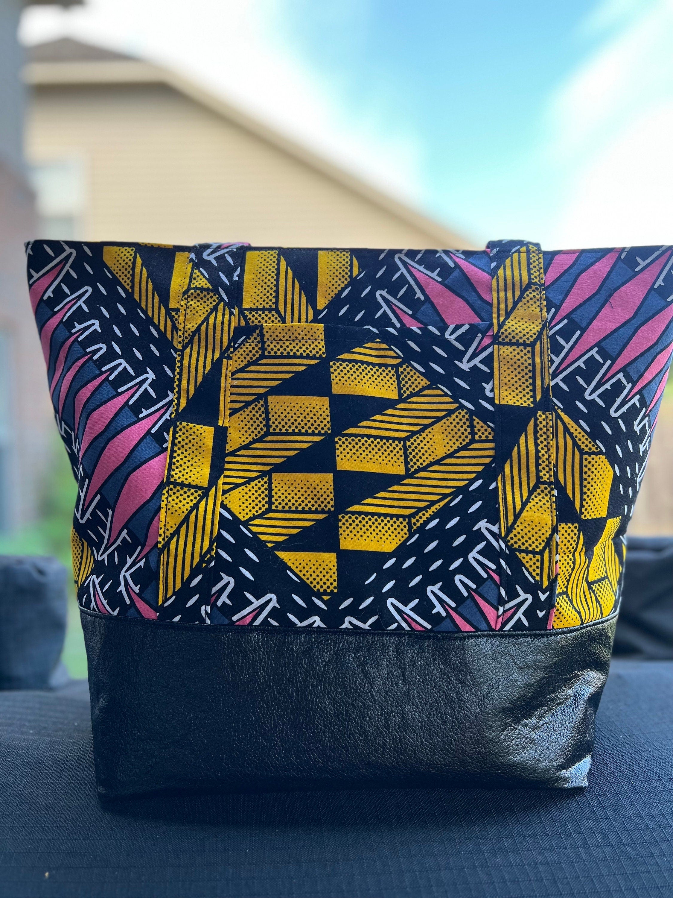 African Print Tote bag for women, Vibrant Ankara Fabric Tote, Large Boho Shoulder Bag with Leather Bottom, African Print Market Bag,