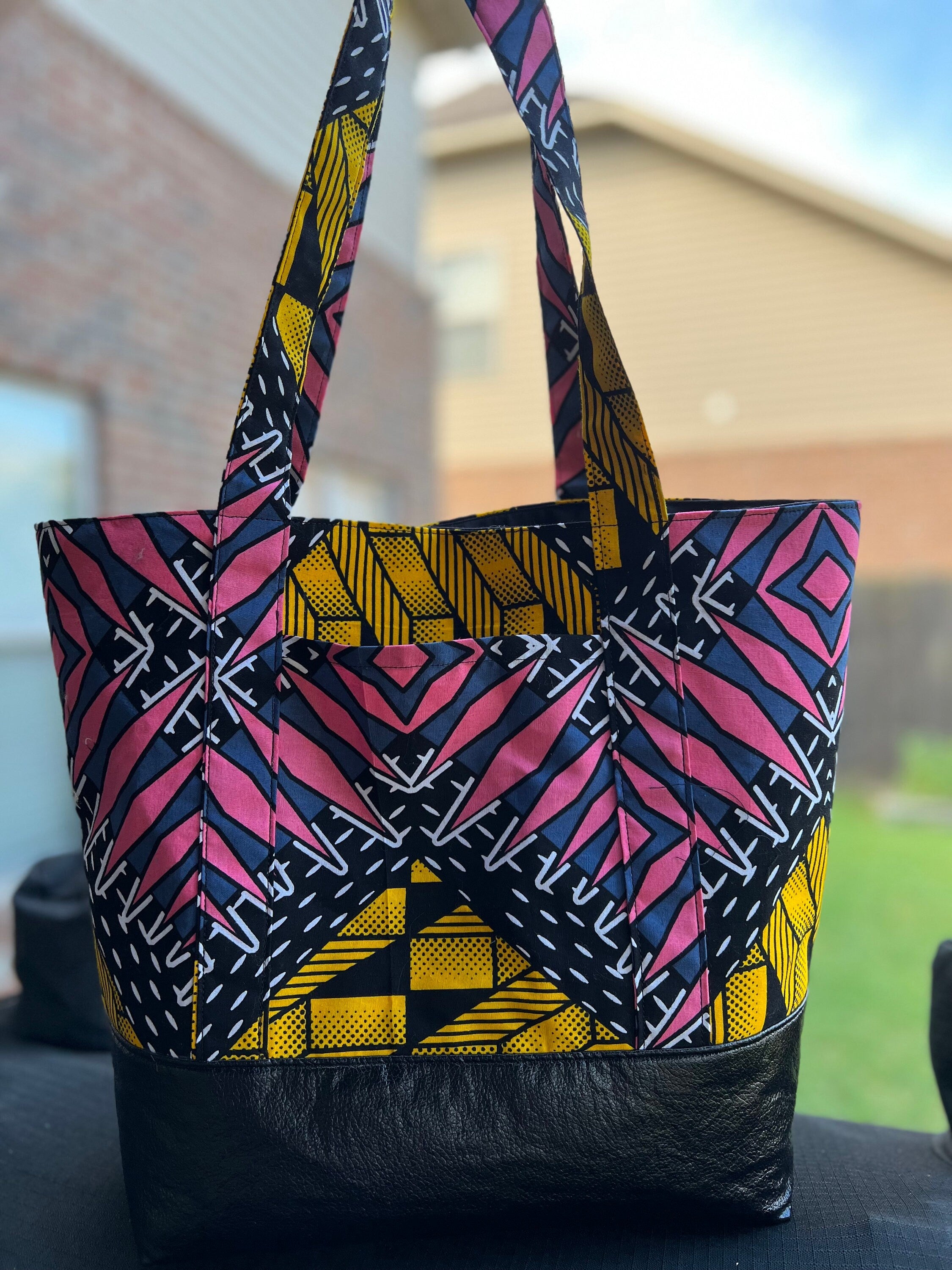 African Print Tote bag for women, Vibrant Ankara Fabric Tote, Large Boho Shoulder Bag with Leather Bottom, African Print Market Bag,