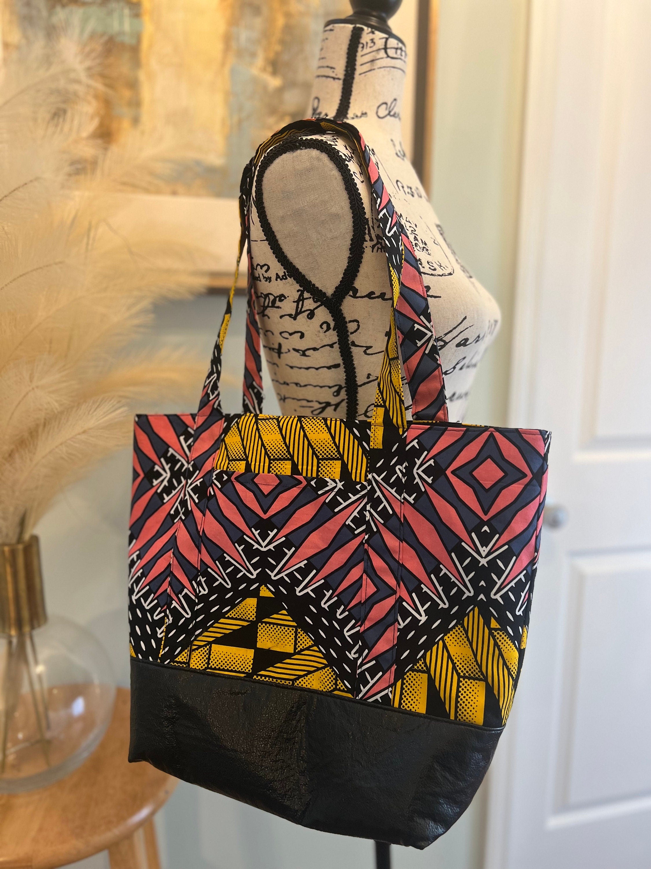 African Print Tote bag for women, Vibrant Ankara Fabric Tote, Large Boho Shoulder Bag with Leather Bottom, African Print Market Bag,