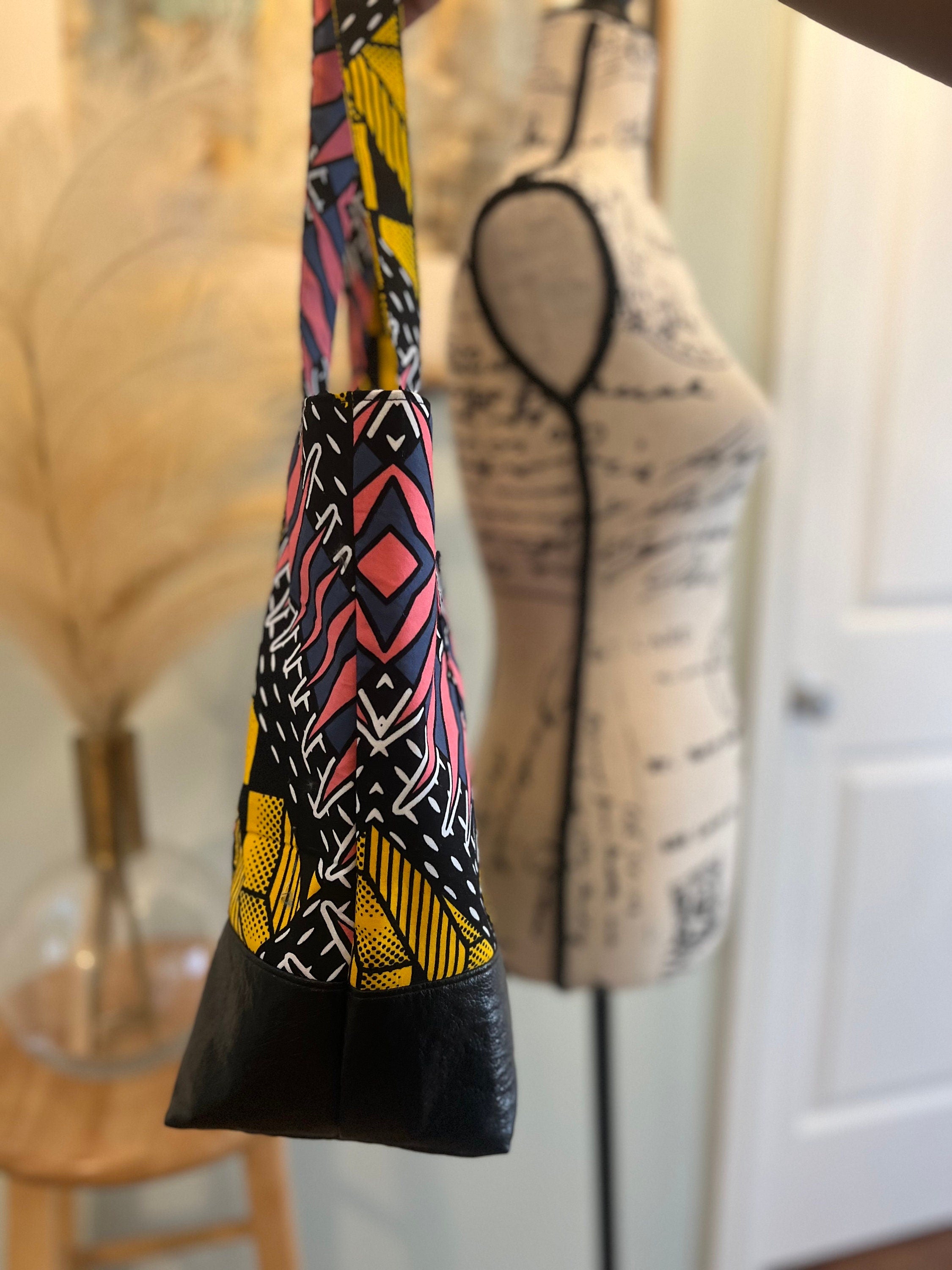 African Print Tote bag for women, Vibrant Ankara Fabric Tote, Large Boho Shoulder Bag with Leather Bottom, African Print Market Bag,