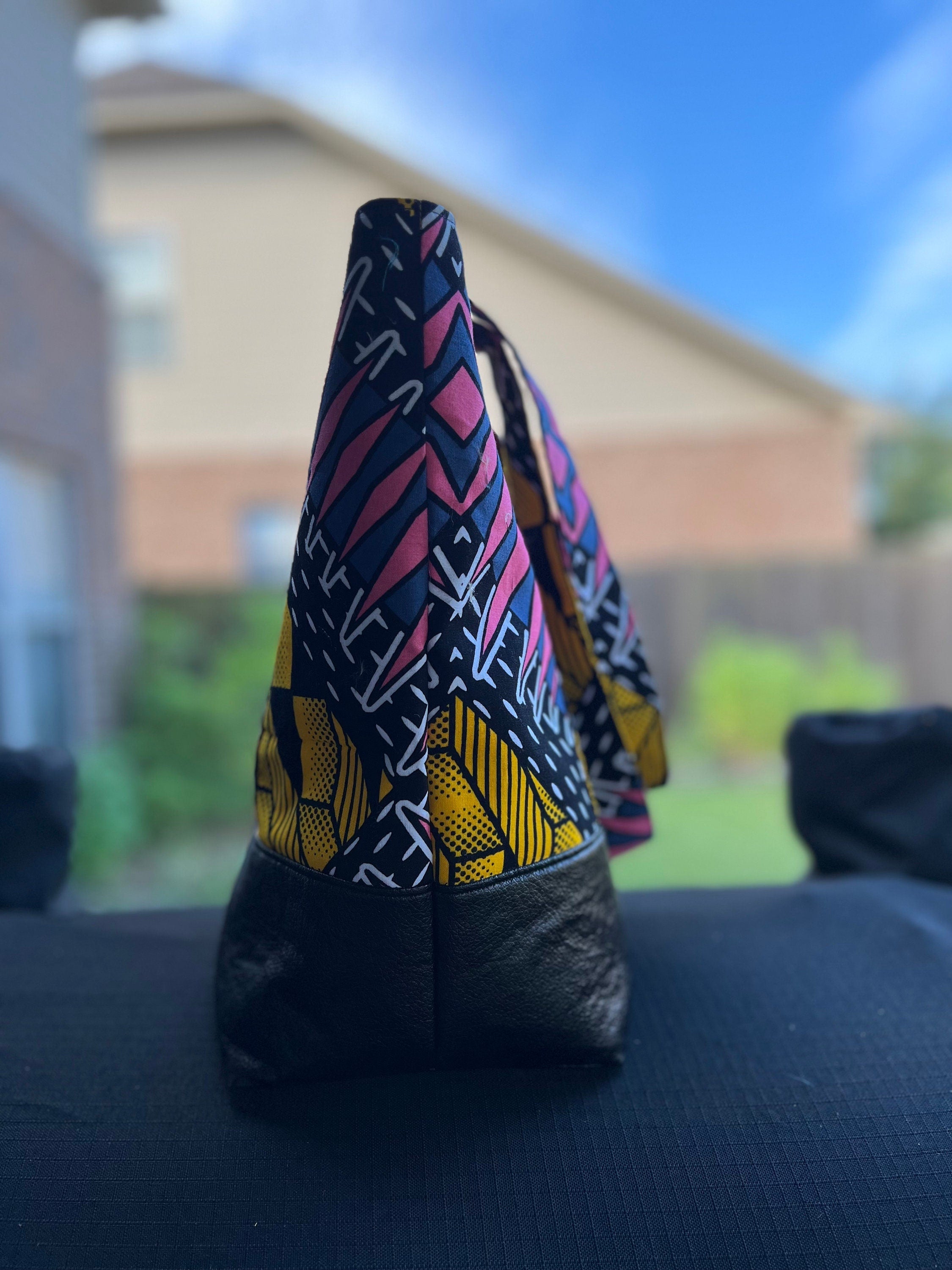 African Print Tote bag for women, Vibrant Ankara Fabric Tote, Large Boho Shoulder Bag with Leather Bottom, African Print Market Bag,