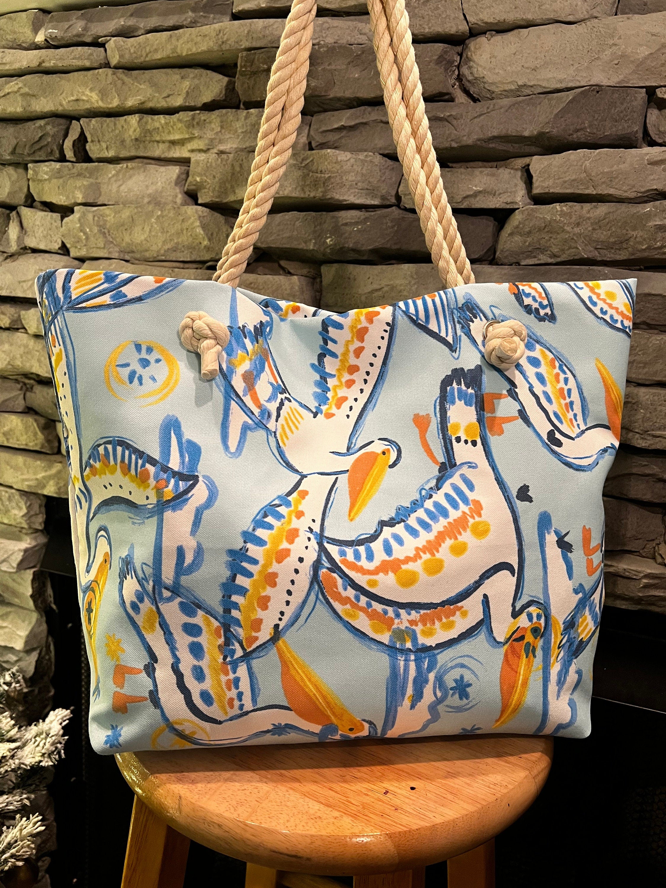 Canvas Beach Tote Bag with Rope Handles, Handmade Cotton Canvas Beach Bag, Eco-Friendly Beach Tote, Large Tote with Interior Pockets