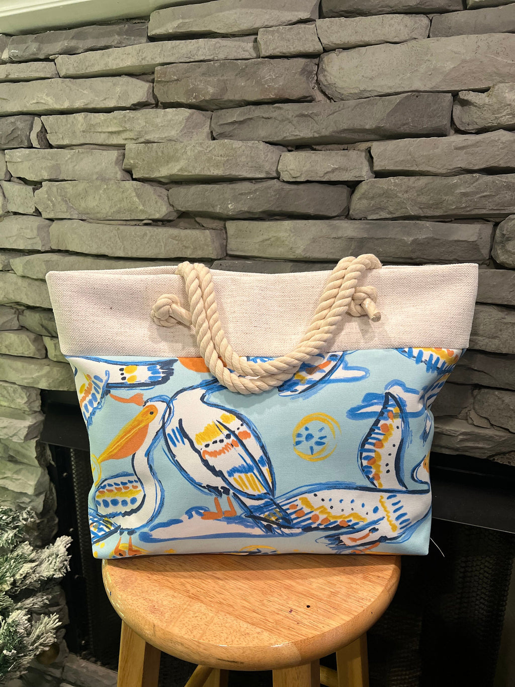 Cotton Canvas Beach Tote Bag, Pelican Print, Rope Handles