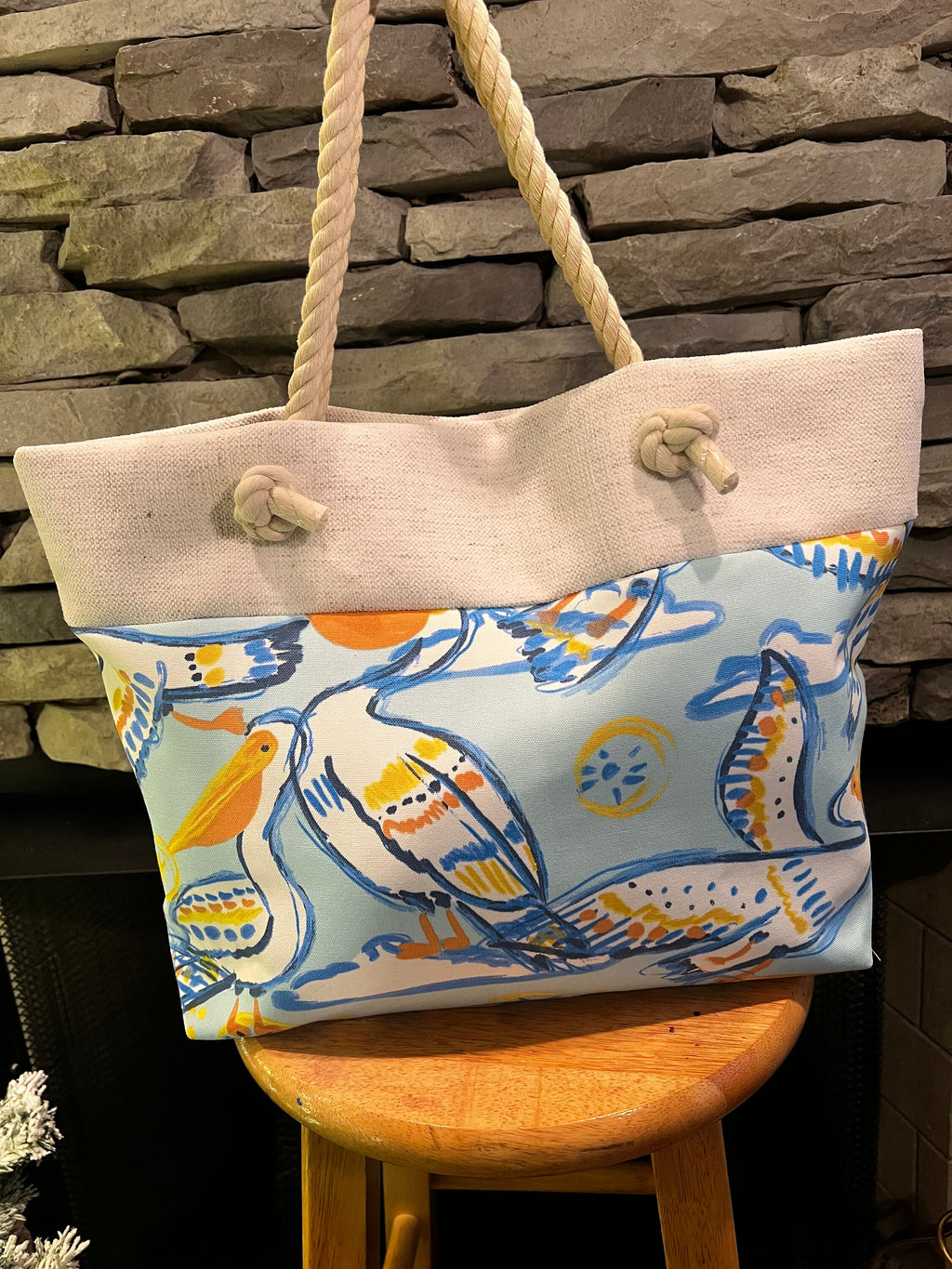 Cotton Canvas Beach Tote Bag, Pelican Print, Rope Handles