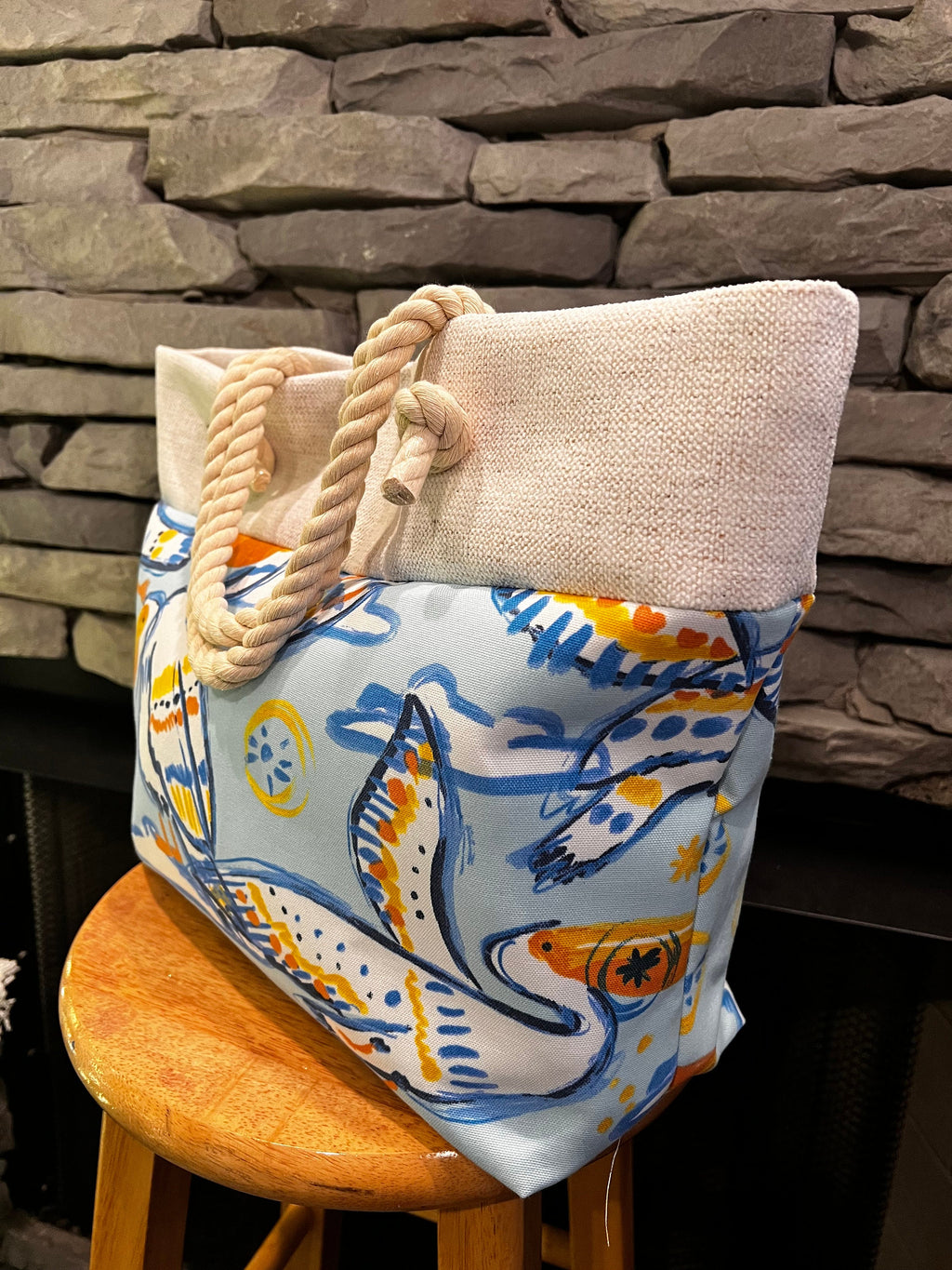 Cotton Canvas Beach Tote Bag, Pelican Print, Rope Handles