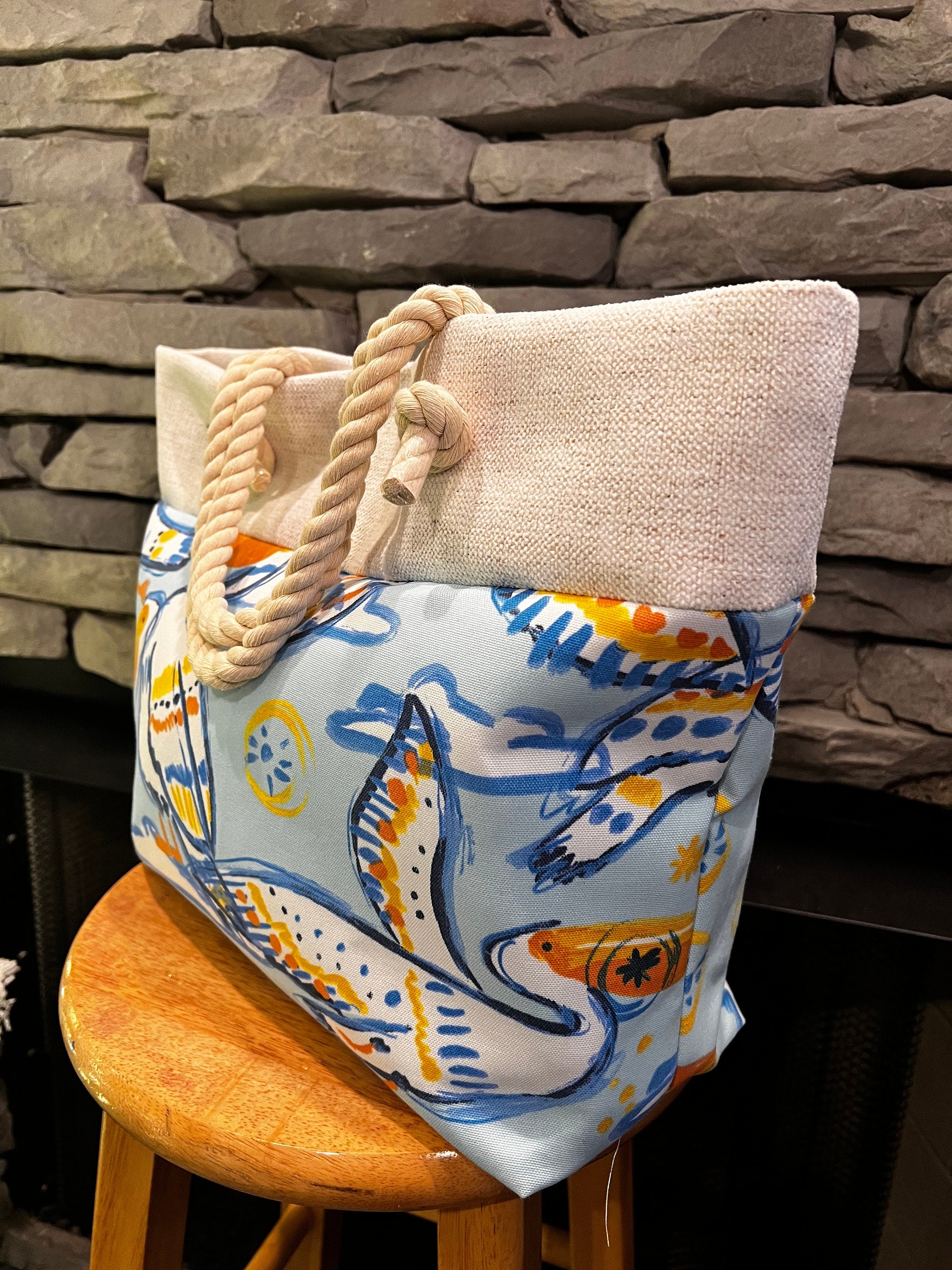 Cotton Canvas Beach Tote Bag, Pelican Print, Rope Handles