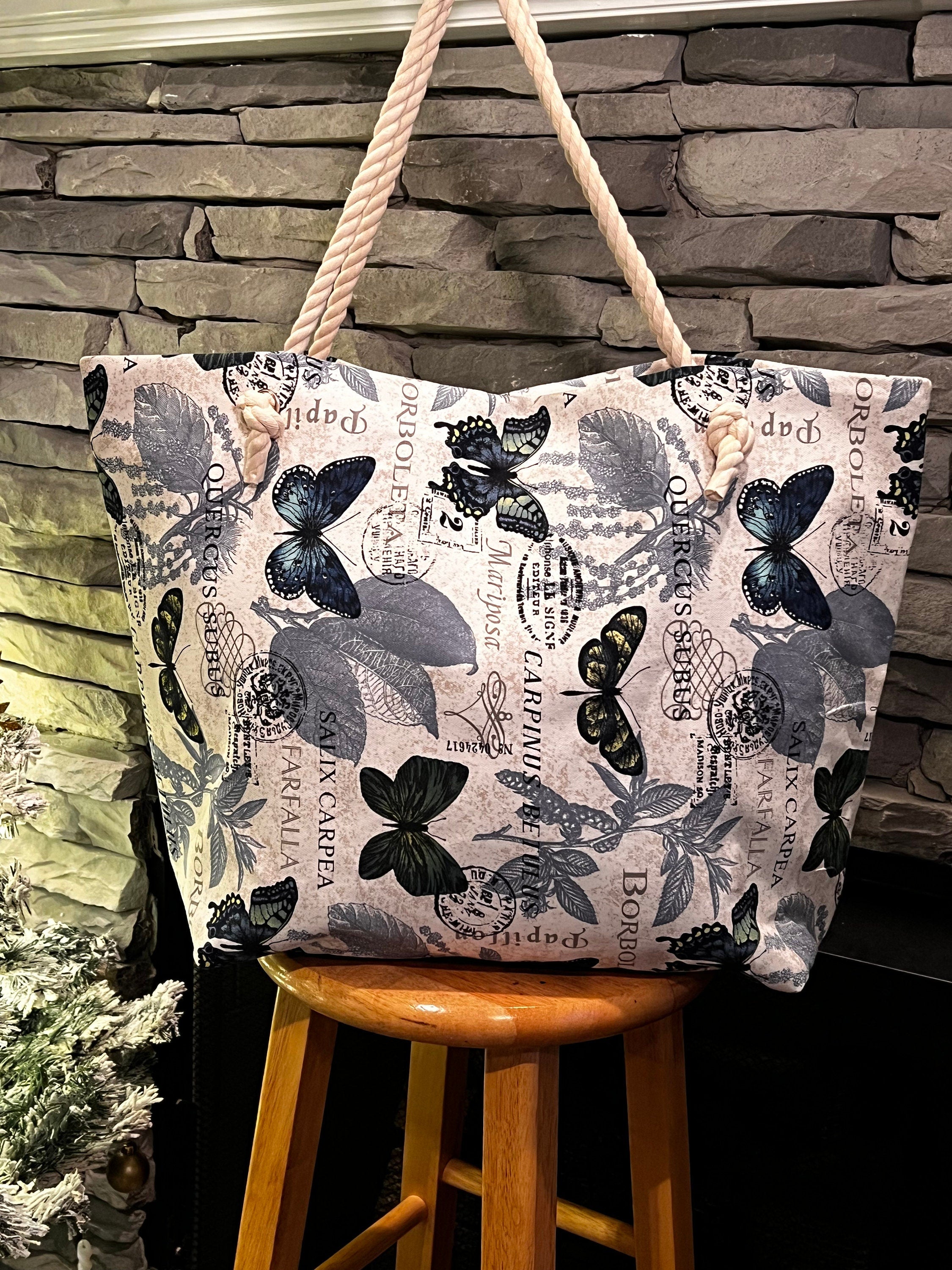 Extra Large Beach Tote Bag: Butterfly Print Cotton Canvas