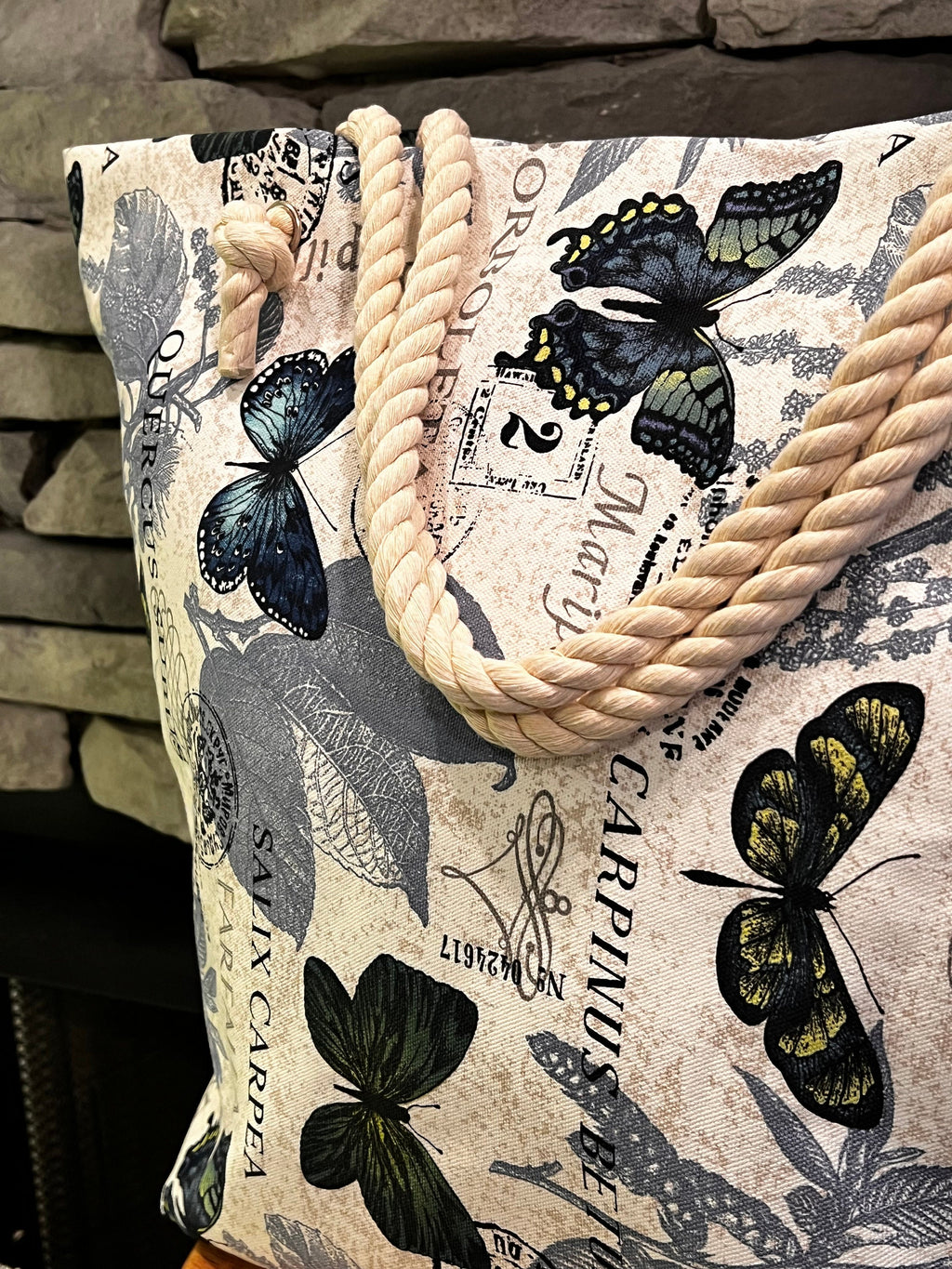 Extra Large Beach Tote Bag: Butterfly Print Cotton Canvas
