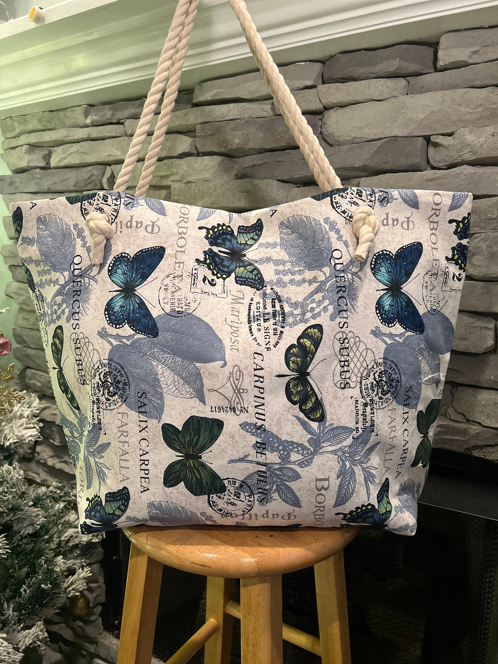 Extra Large Beach Tote Bag: Butterfly Print Cotton Canvas