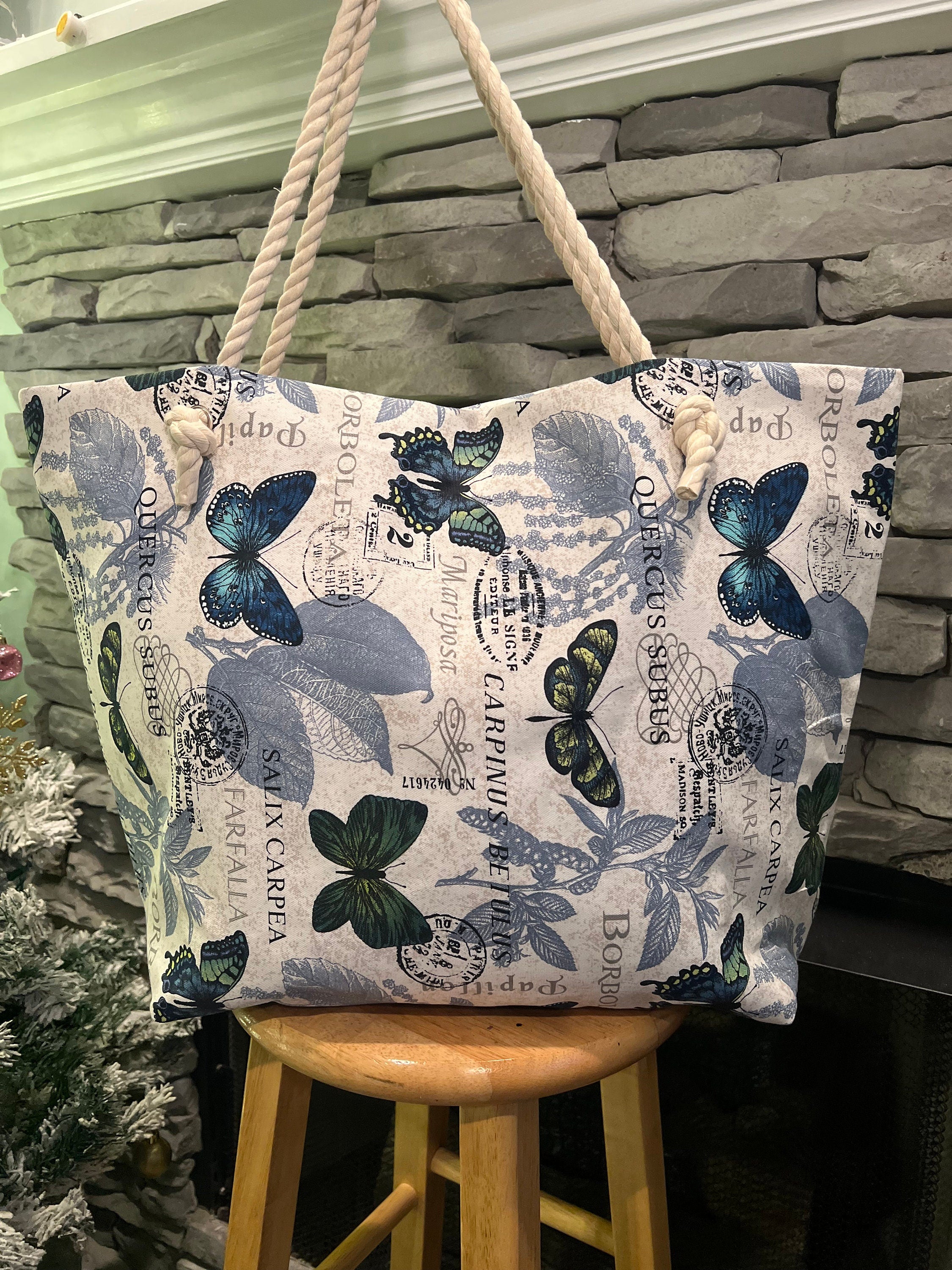 Extra Large Beach Tote Bag: Butterfly Print Cotton Canvas