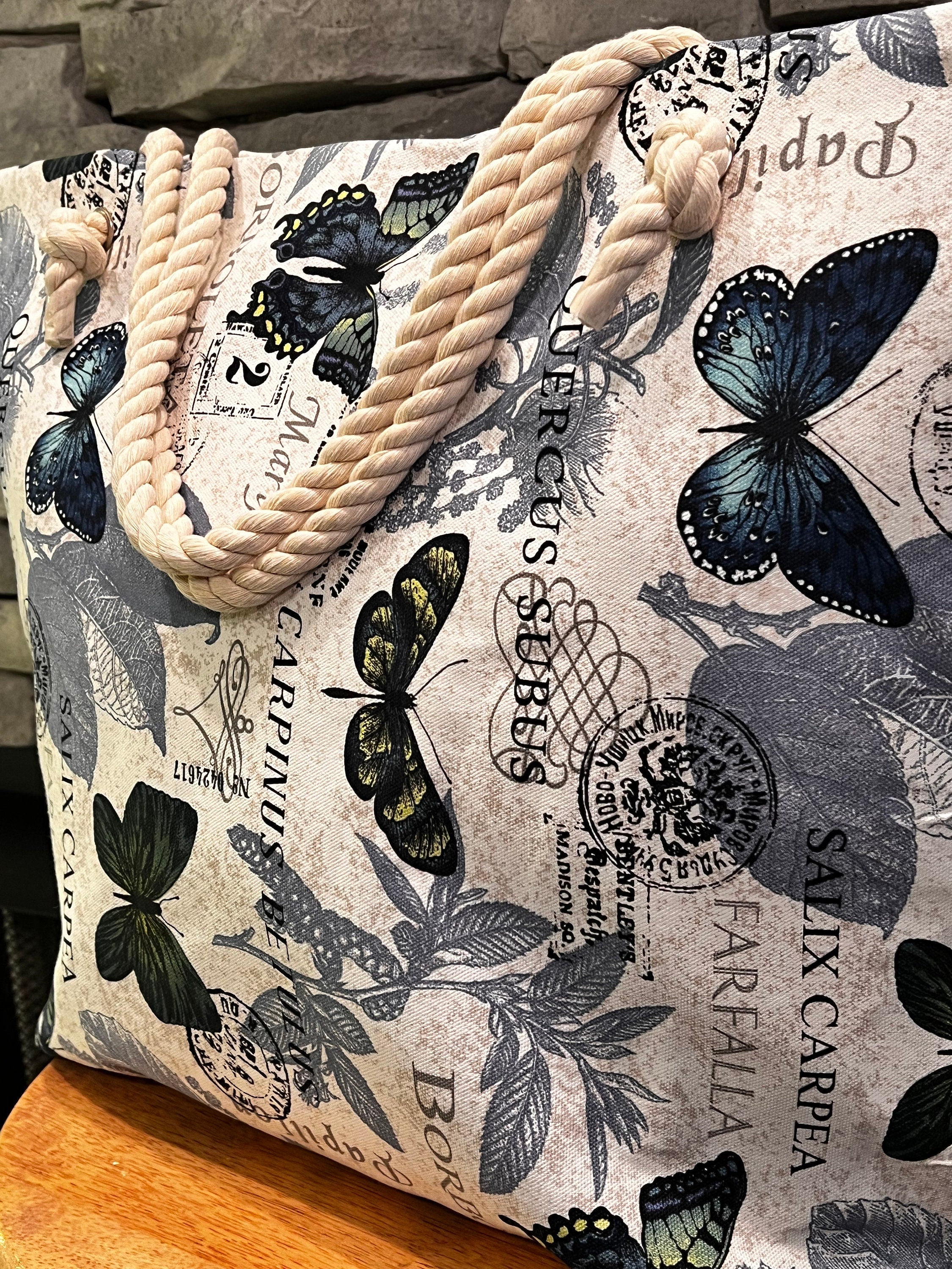 Extra Large Beach Tote Bag: Butterfly Print Cotton Canvas