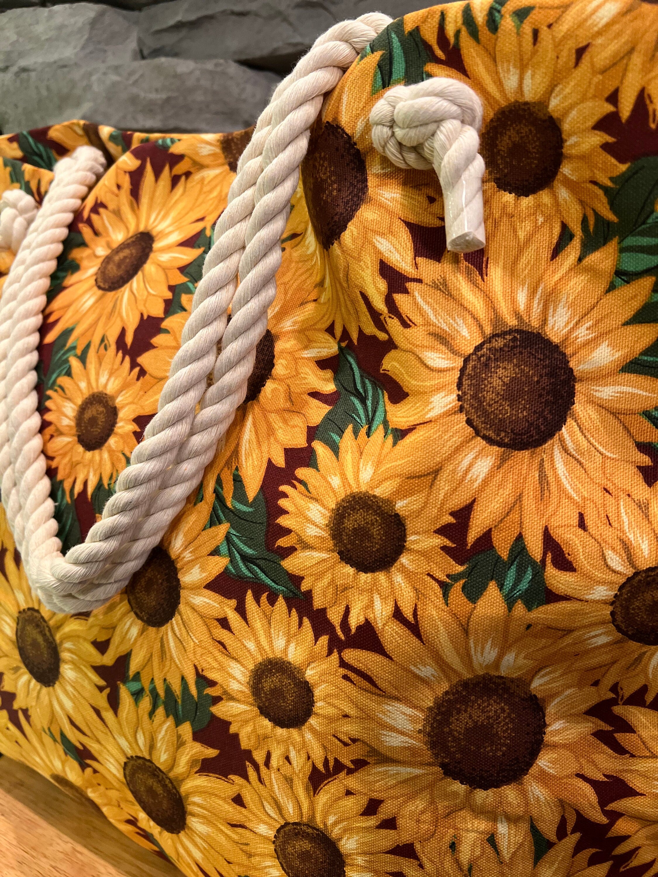 Extra Large Sunflower Beach Tote Bag, Cotton Canvas with Rope Handles