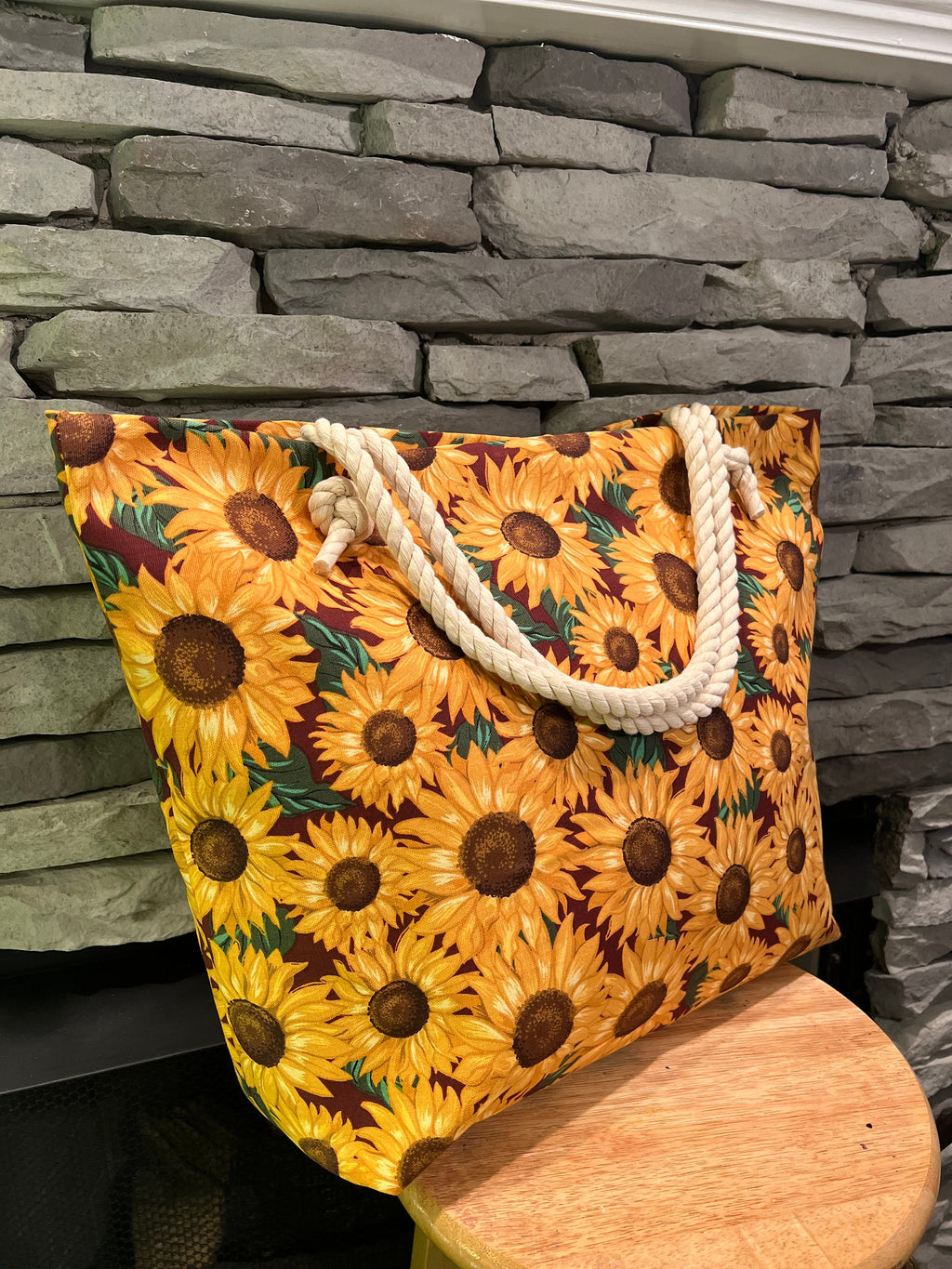 Extra Large Sunflower Beach Tote Bag, Cotton Canvas with Rope Handles