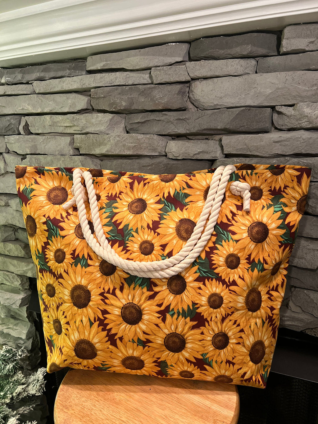 Extra Large Sunflower Beach Tote Bag, Cotton Canvas with Rope Handles