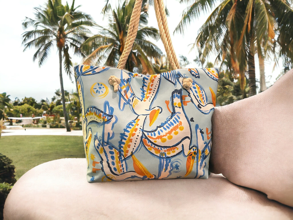 Canvas Beach Tote Bag with Rope Handles, Handmade Cotton Canvas Beach Bag, Eco-Friendly Beach Tote, Large Tote with Interior Pockets