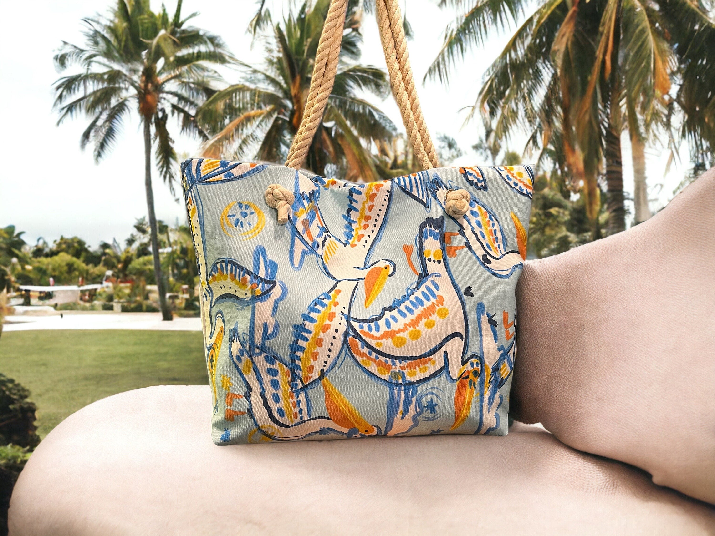 Canvas Beach Tote Bag with Rope Handles, Handmade Cotton Canvas Beach Bag, Eco-Friendly Beach Tote, Large Tote with Interior Pockets