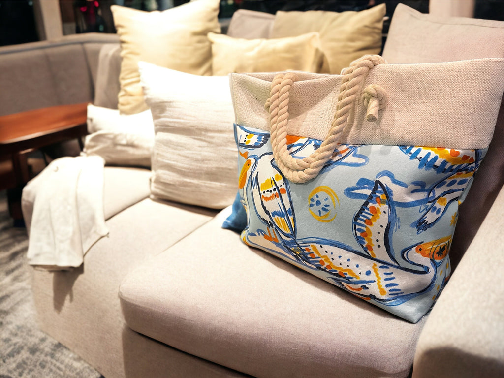 Cotton Canvas Beach Tote Bag, Pelican Print, Rope Handles