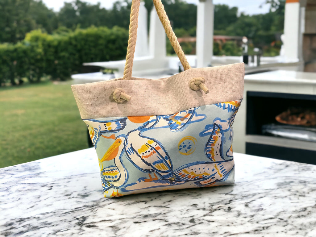 Cotton Canvas Beach Tote Bag, Pelican Print, Rope Handles