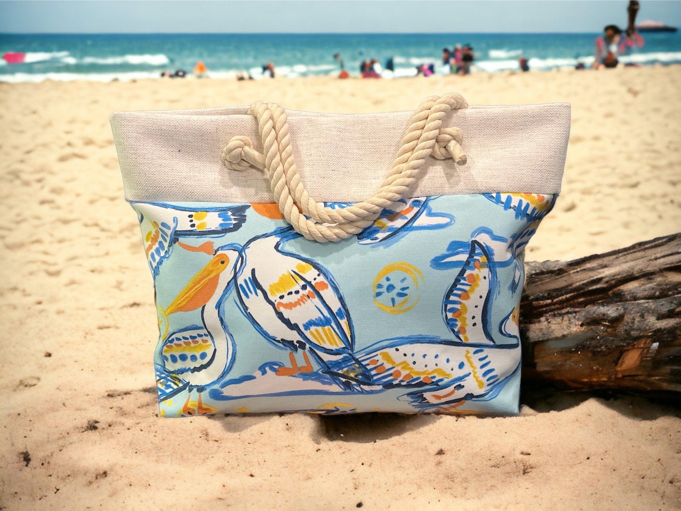 Cotton Canvas Beach Tote Bag, Pelican Print, Rope Handles