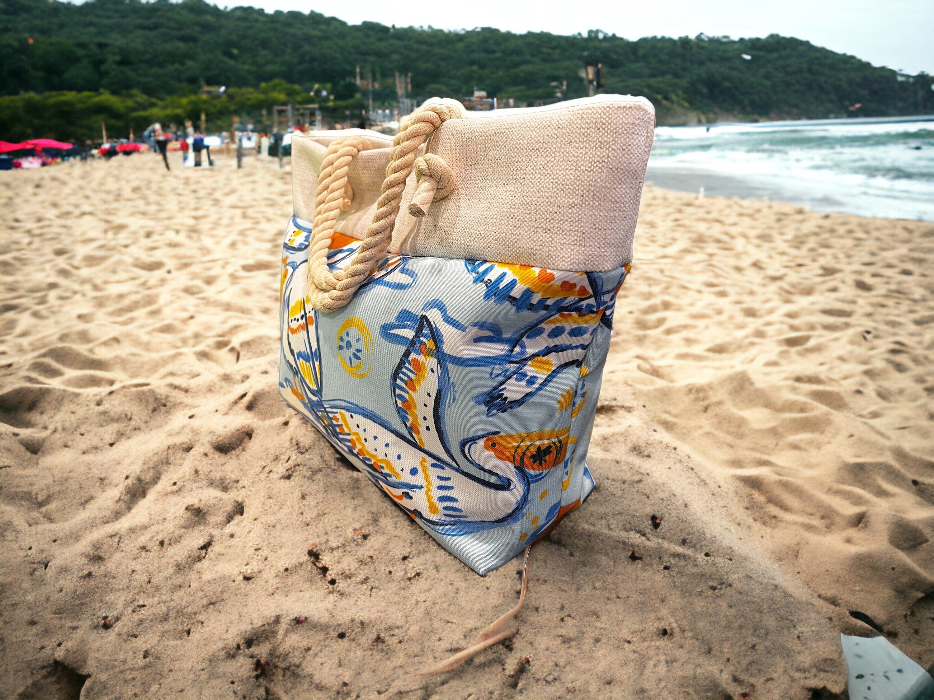 Cotton Canvas Beach Tote Bag, Pelican Print, Rope Handles