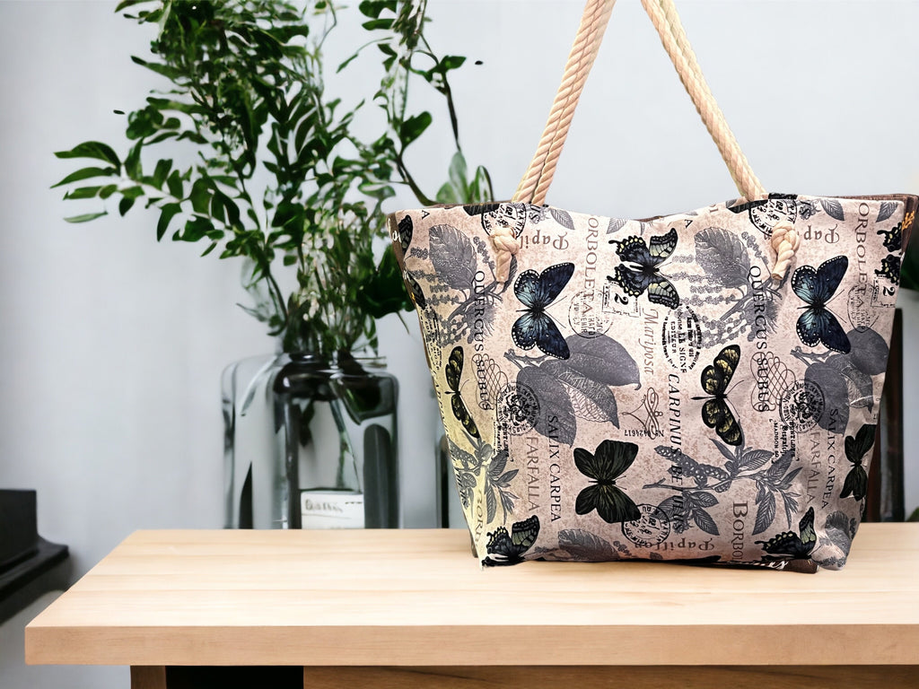 Extra Large Beach Tote Bag: Butterfly Print Cotton Canvas