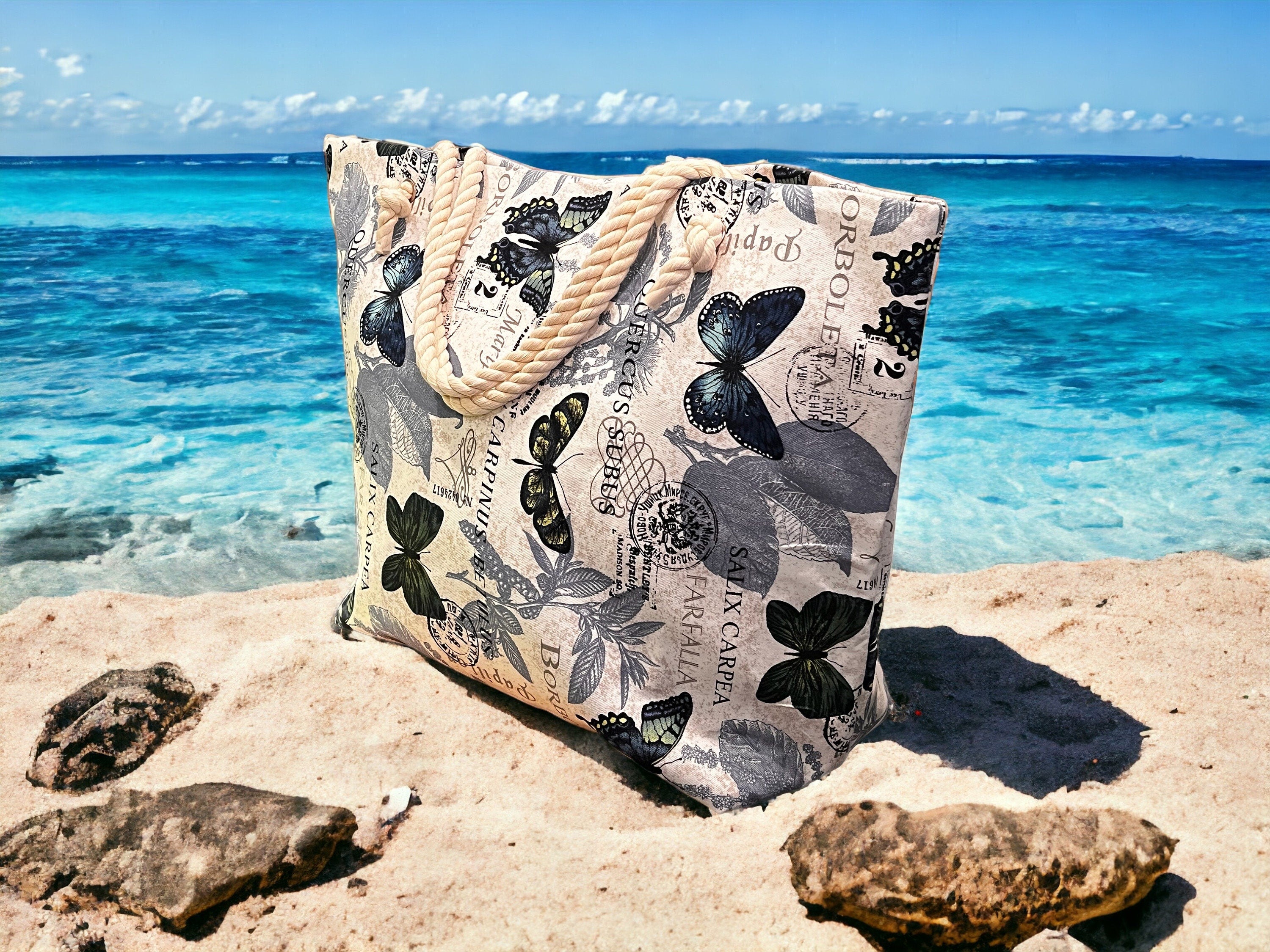 Extra Large Beach Tote Bag: Butterfly Print Cotton Canvas