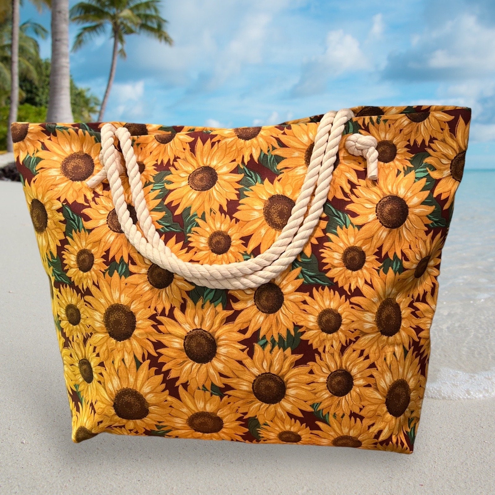 Extra Large Sunflower Beach Tote Bag, Cotton Canvas with Rope Handles