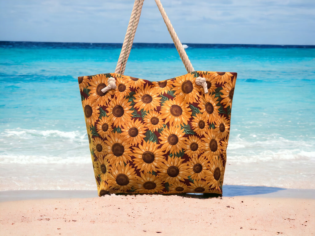 Extra Large Sunflower Beach Tote Bag, Cotton Canvas with Rope Handles