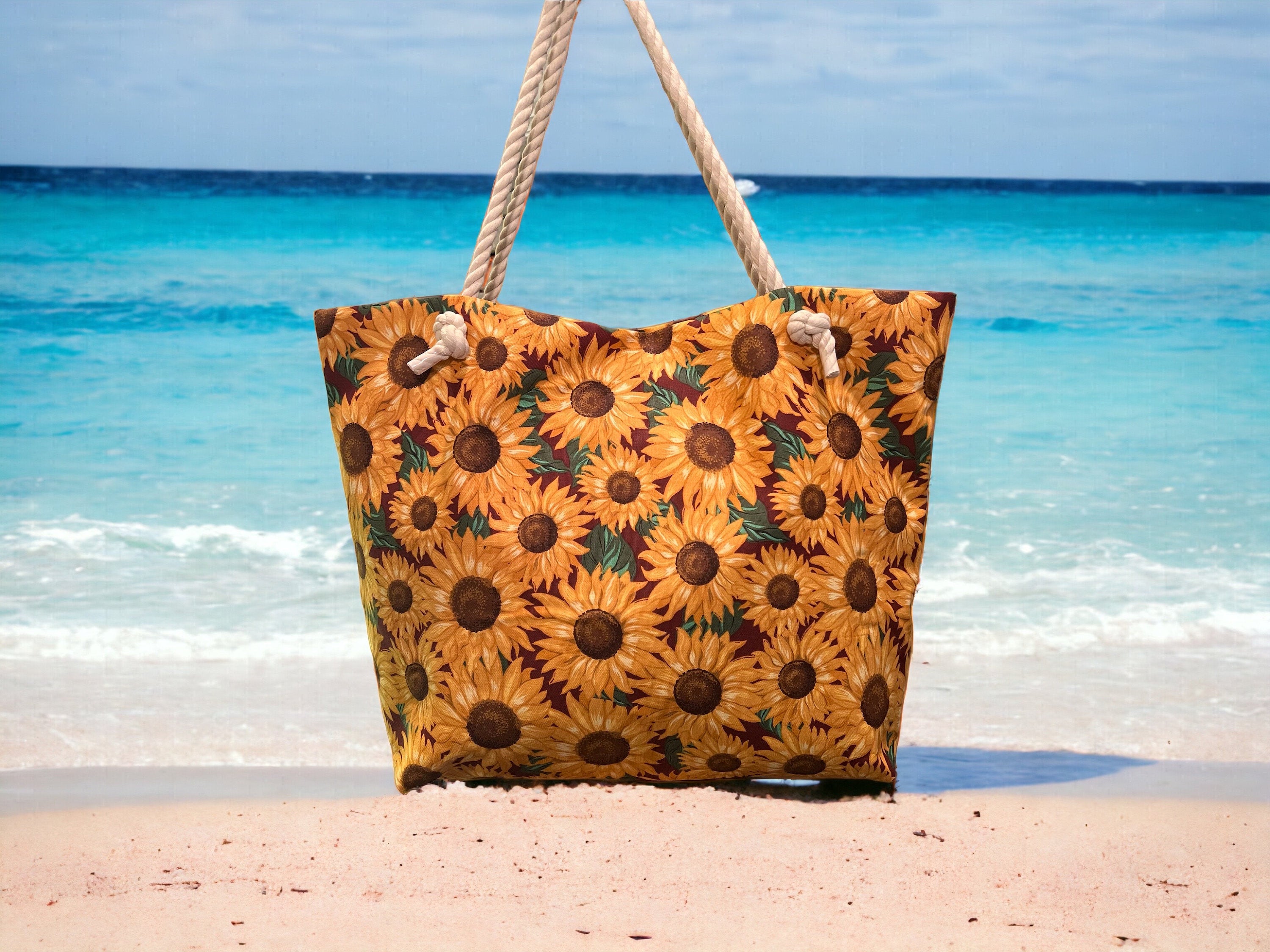 Extra Large Sunflower Beach Tote Bag, Cotton Canvas with Rope Handles