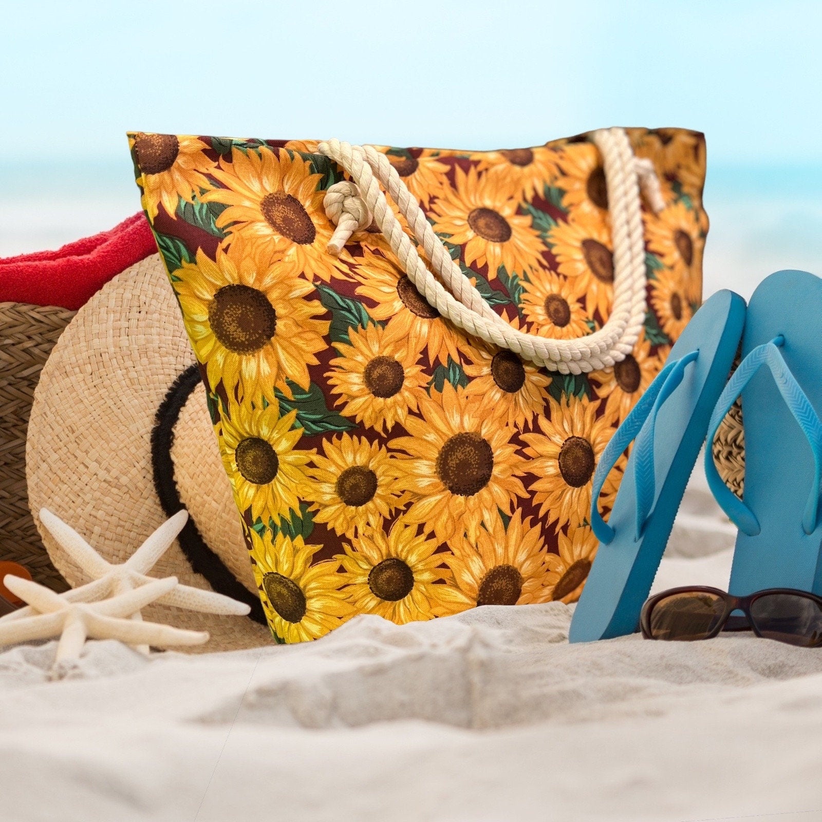 Extra Large Sunflower Beach Tote Bag, Cotton Canvas with Rope Handles