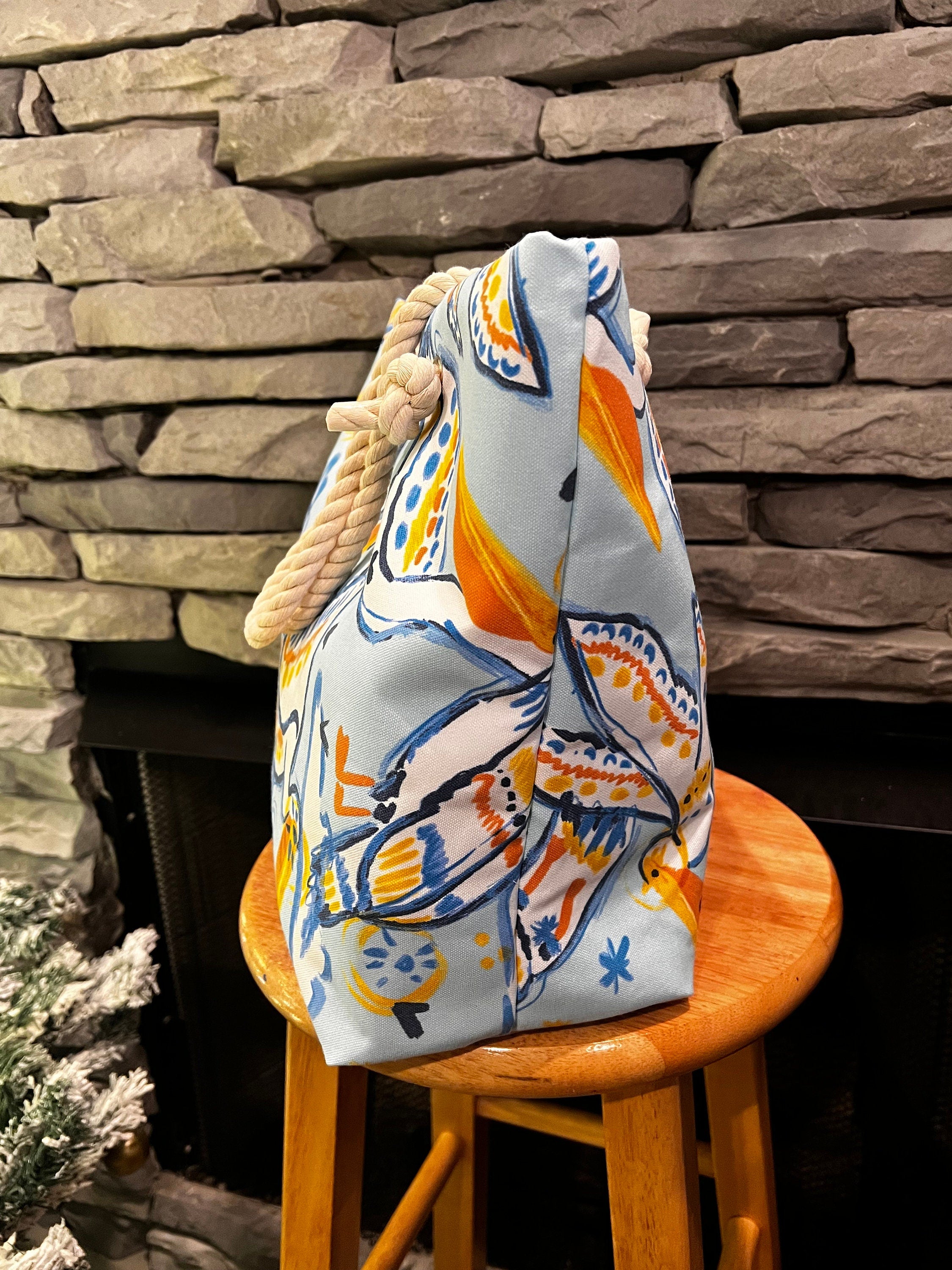 Canvas Beach Tote Bag with Rope Handles, Handmade Cotton Canvas Beach Bag, Eco-Friendly Beach Tote, Large Tote with Interior Pockets