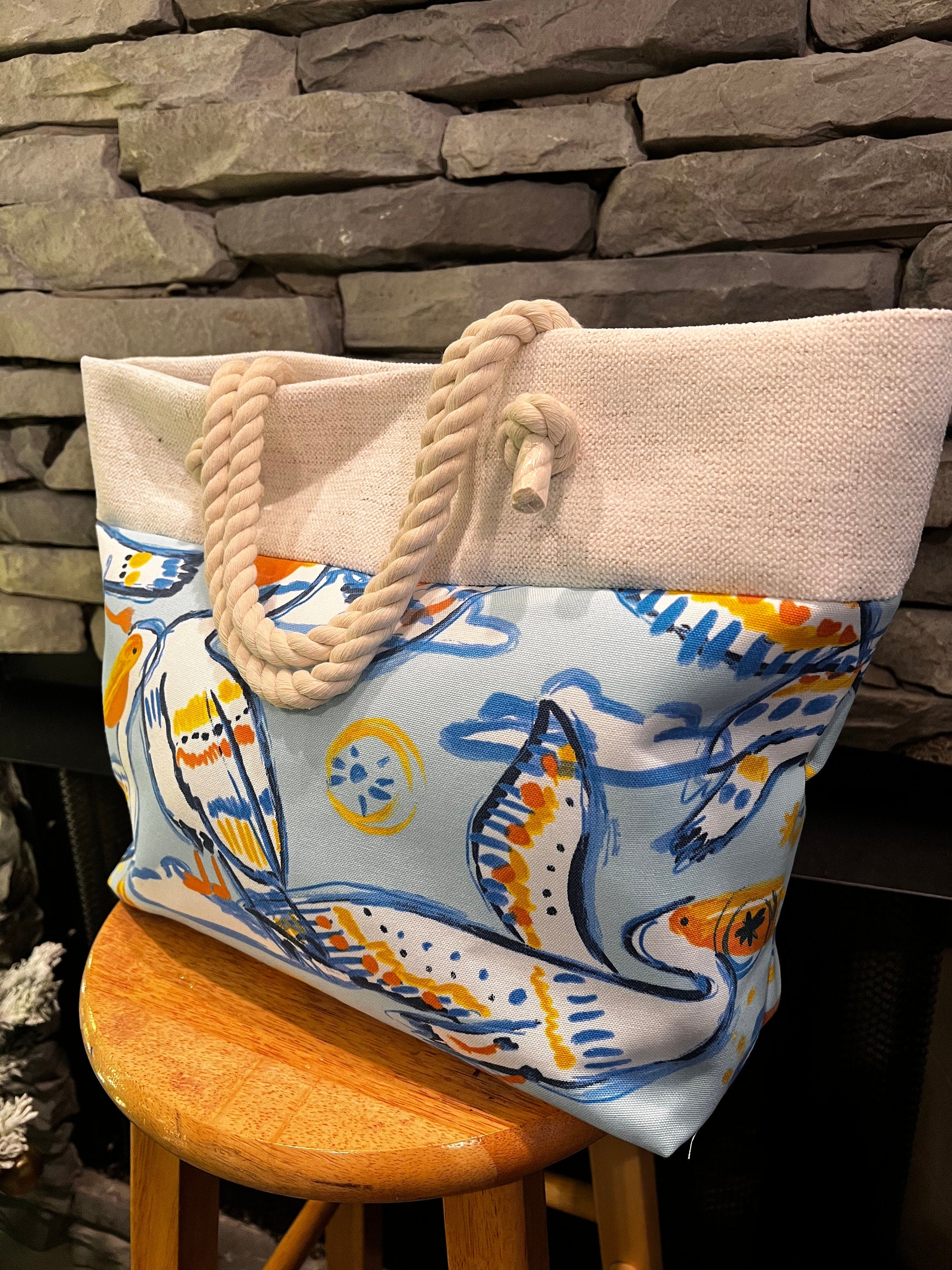 Cotton Canvas Beach Tote Bag, Pelican Print, Rope Handles