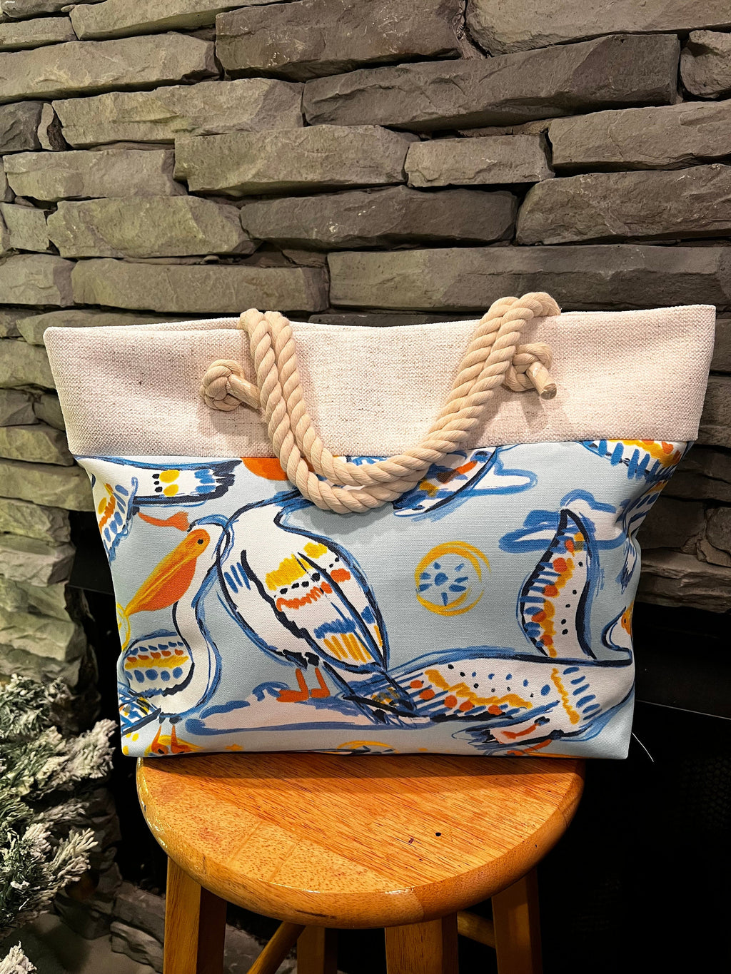 Cotton Canvas Beach Tote Bag, Pelican Print, Rope Handles