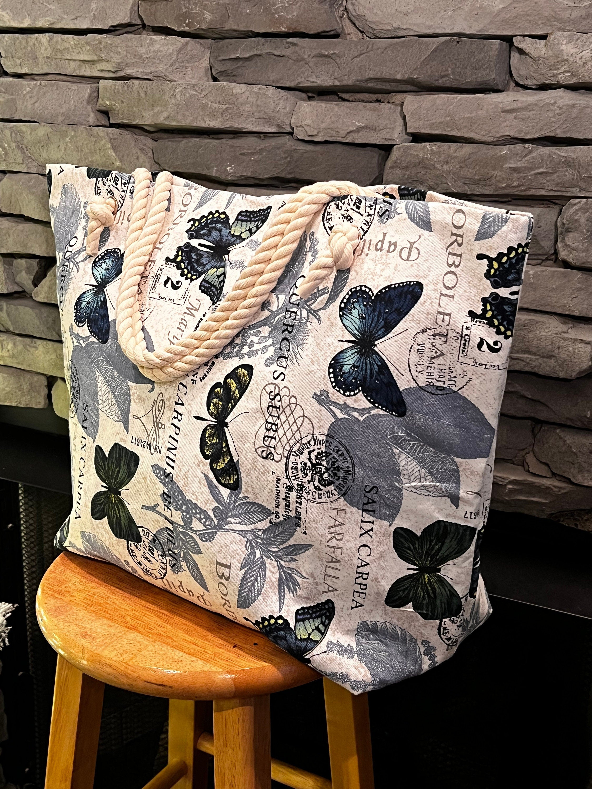 Extra Large Beach Tote Bag: Butterfly Print Cotton Canvas