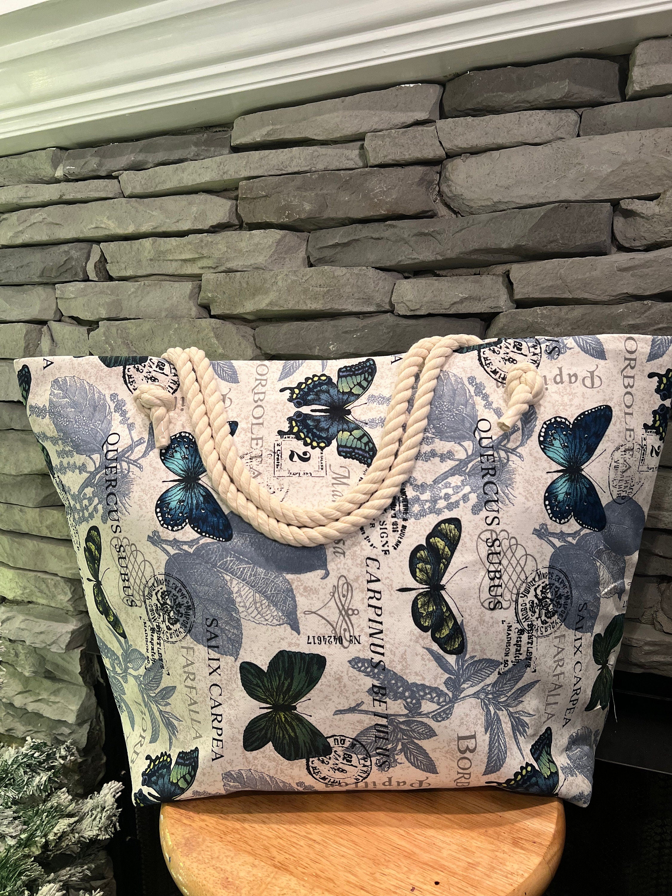 Extra Large Beach Tote Bag: Butterfly Print Cotton Canvas