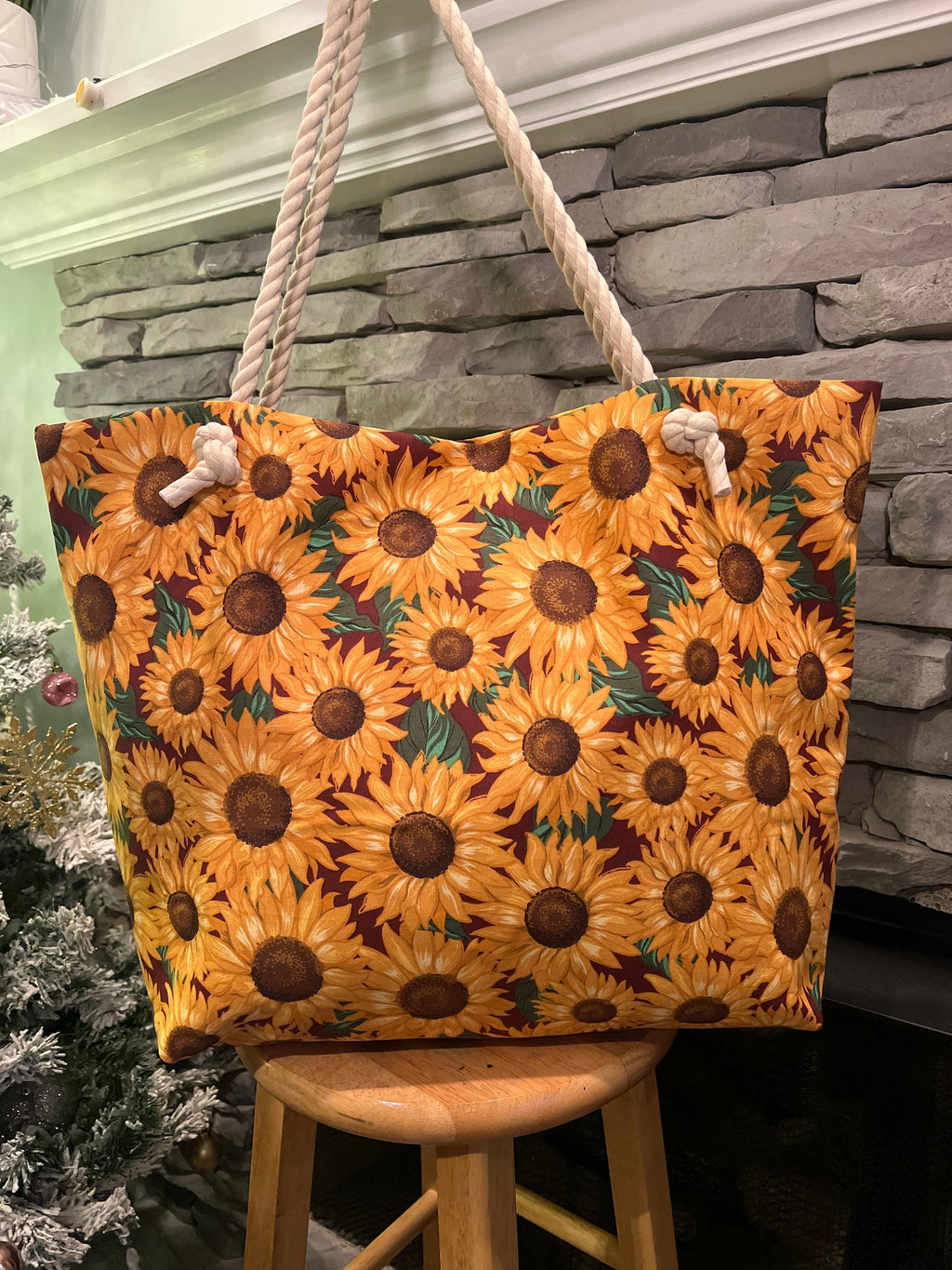 Extra Large Sunflower Beach Tote Bag, Cotton Canvas with Rope Handles