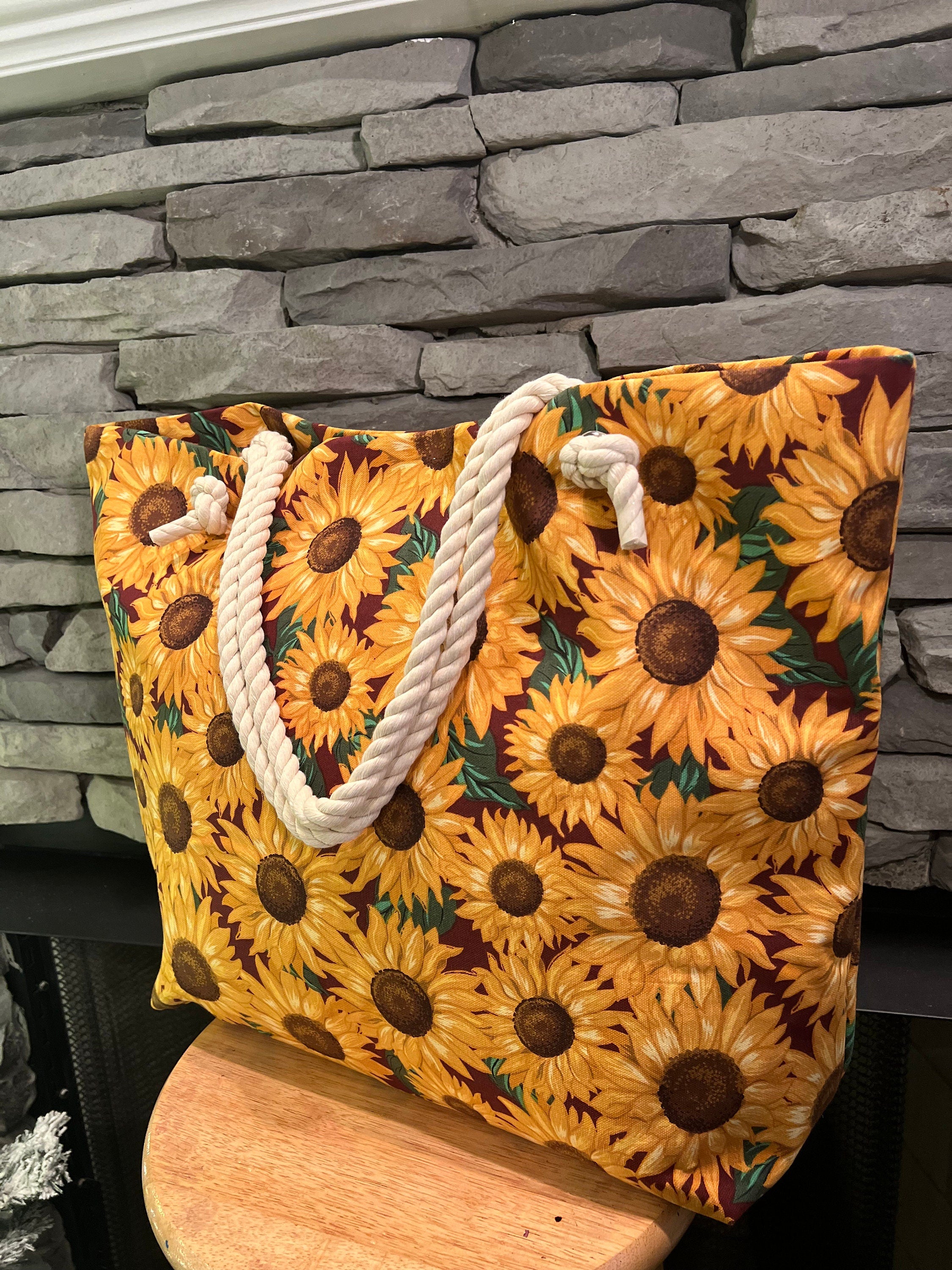 Extra Large Sunflower Beach Tote Bag, Cotton Canvas with Rope Handles