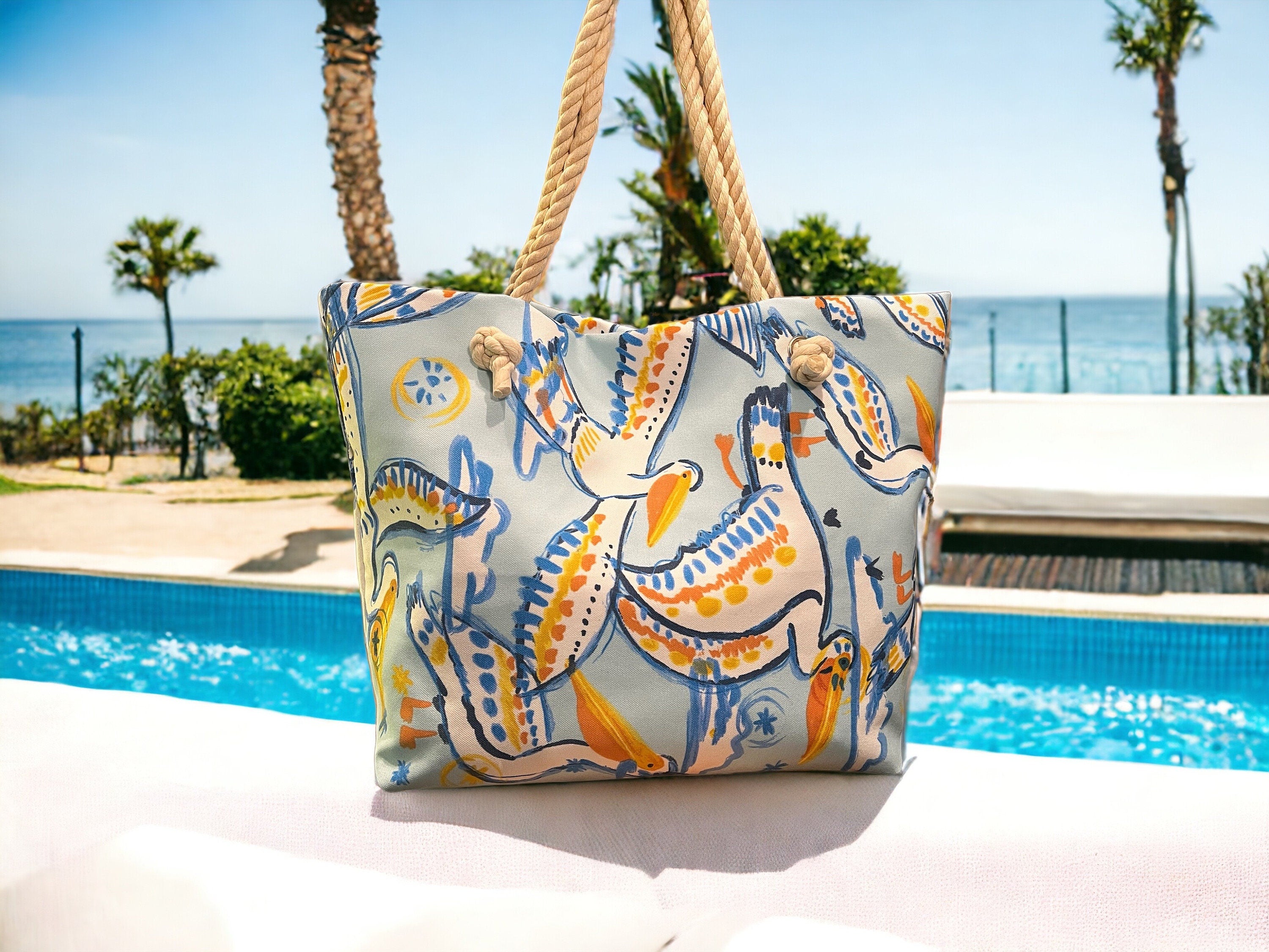 Canvas Beach Tote Bag with Rope Handles, Handmade Cotton Canvas Beach Bag, Eco-Friendly Beach Tote, Large Tote with Interior Pockets
