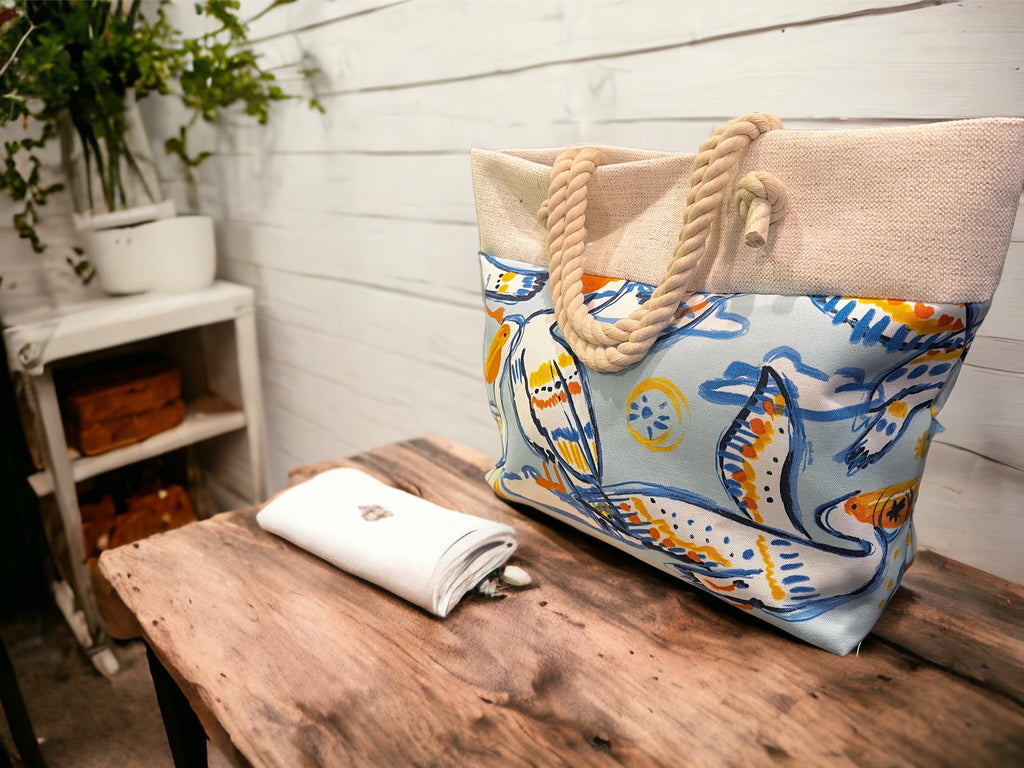 Cotton Canvas Beach Tote Bag, Pelican Print, Rope Handles