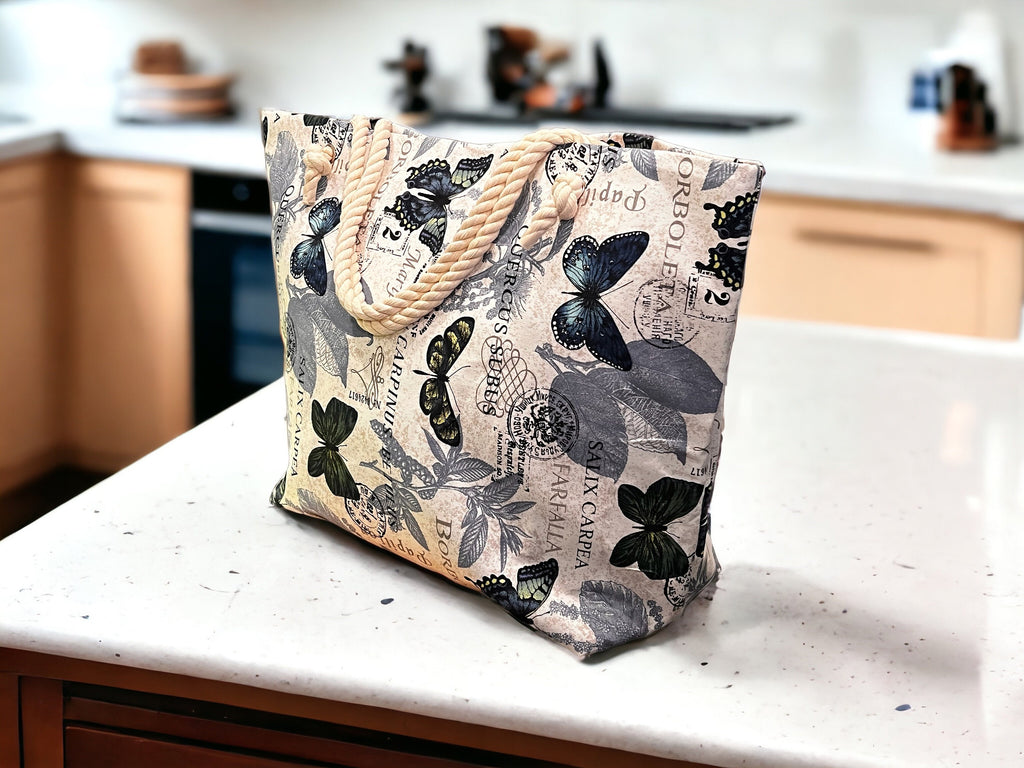 Extra Large Beach Tote Bag: Butterfly Print Cotton Canvas
