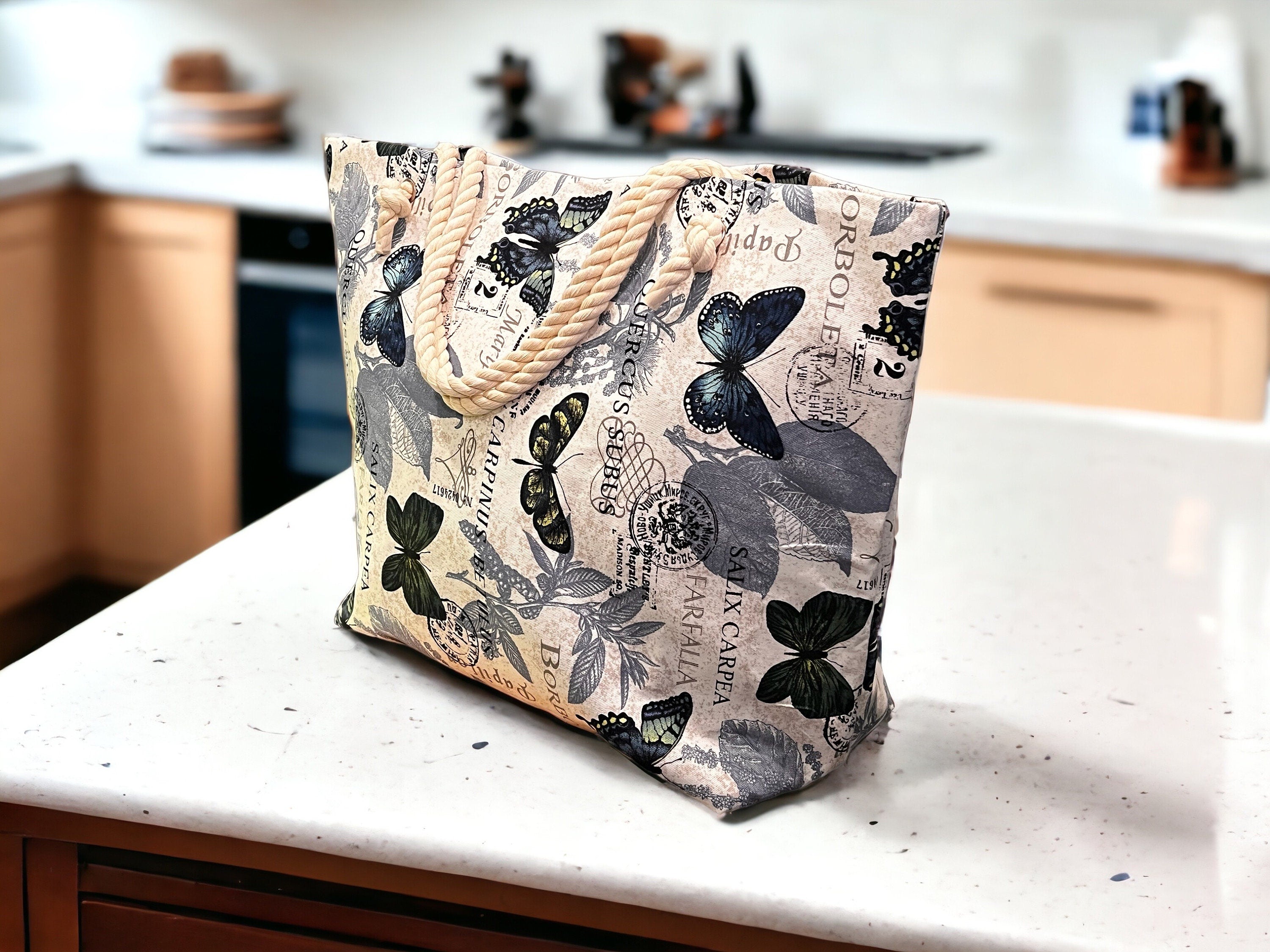 Extra Large Beach Tote Bag: Butterfly Print Cotton Canvas