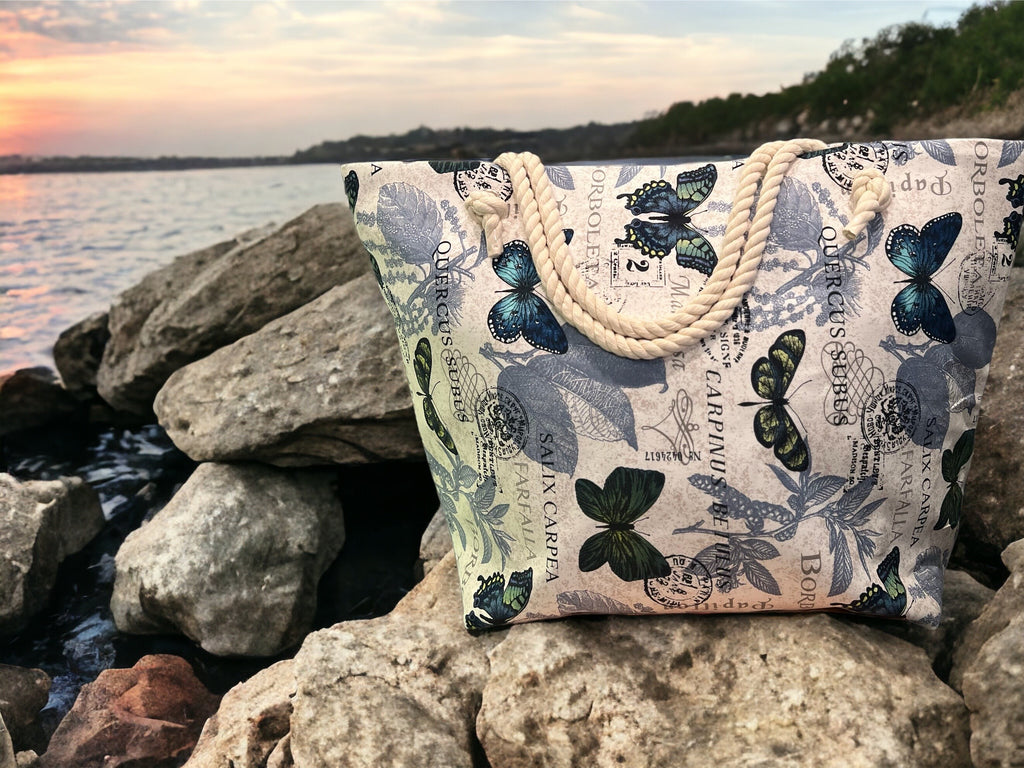 Extra Large Beach Tote Bag: Butterfly Print Cotton Canvas