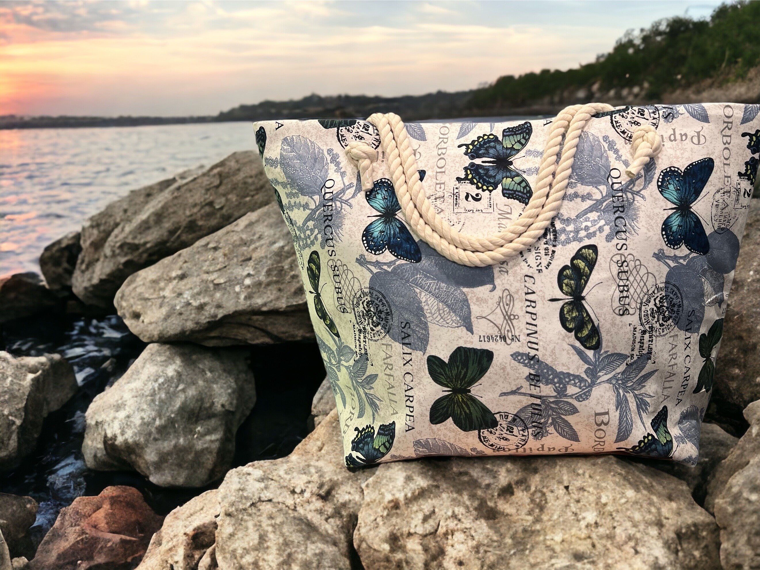 Extra Large Beach Tote Bag: Butterfly Print Cotton Canvas