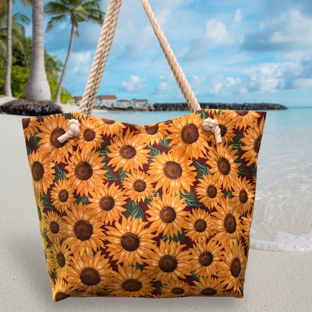 Extra Large Sunflower Beach Tote Bag, Cotton Canvas with Rope Handles