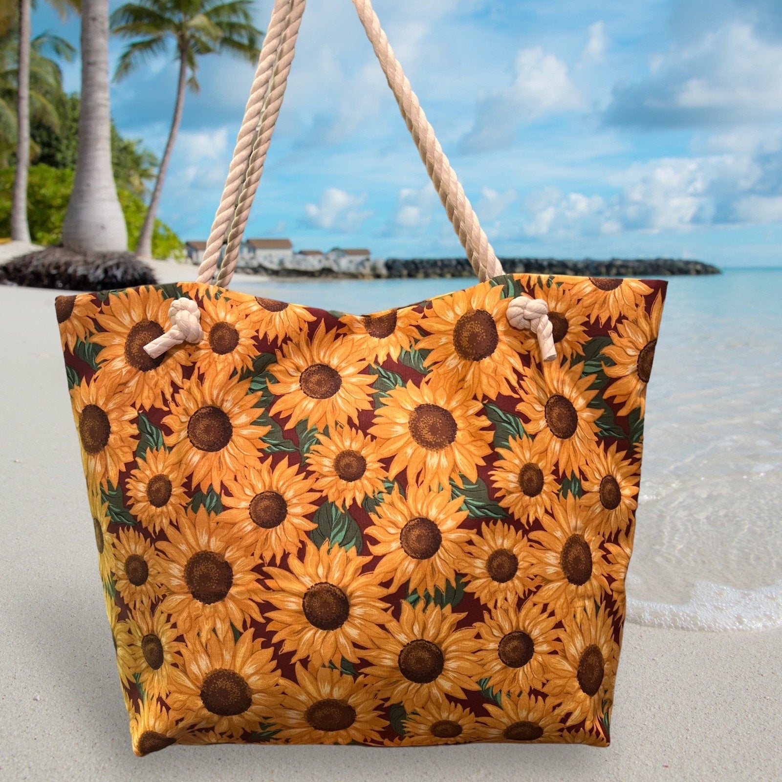 Extra Large Sunflower Beach Tote Bag, Cotton Canvas with Rope Handles